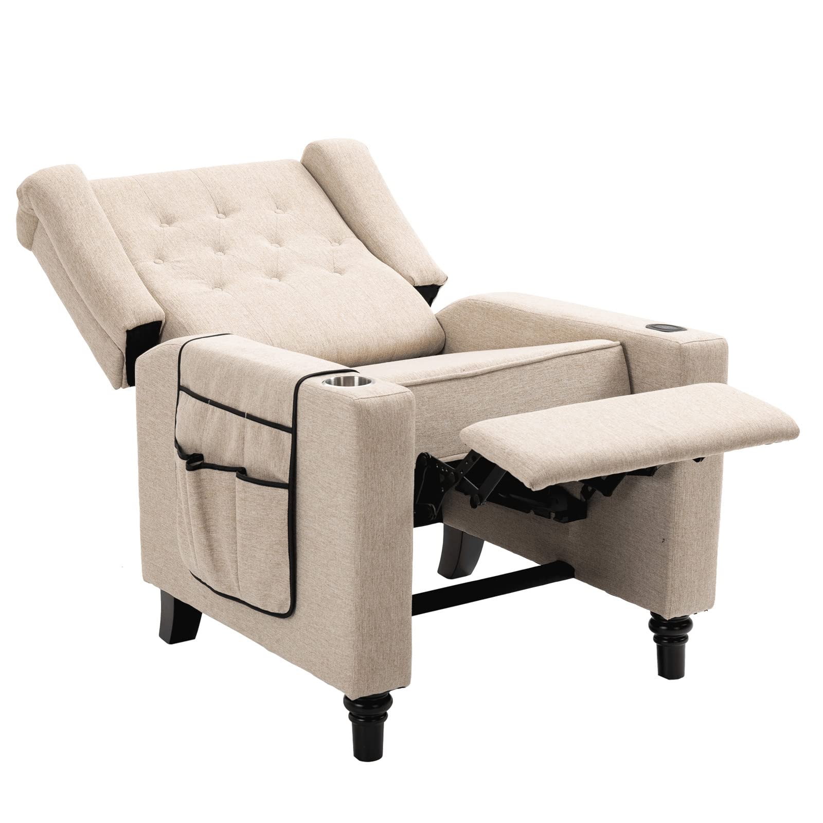Modern Push Back Recliner Chair with Storage Pockets & USB Charging - Adjustable Tufted Wingback Recliner with Footrest for Living Room, Office & Home Theater - Comfortable Fabric Lounge Chair in Khaki