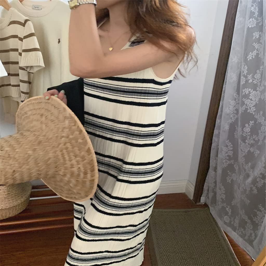 Vintage Striped Sleeveless Knit Dress for Women - Loose Fit Round Neck Casual Summer Vest Dress | Perfect for Beach Outings, Picnics, and Summer Vacations