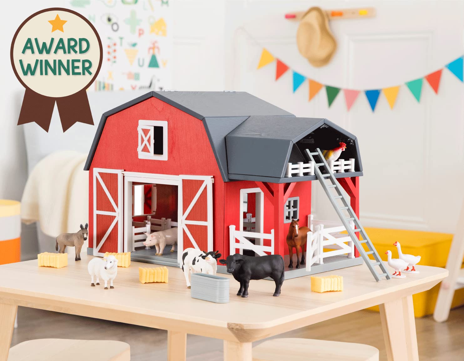 Battat Terra Wooden Animal Barn Toy Playset (20 Pc) & Realistic Farm Animal Toys Set (60 Pc) – Perfect for Kids Pretend Play, Farm-Themed Learning, and Montessori Educational Activities