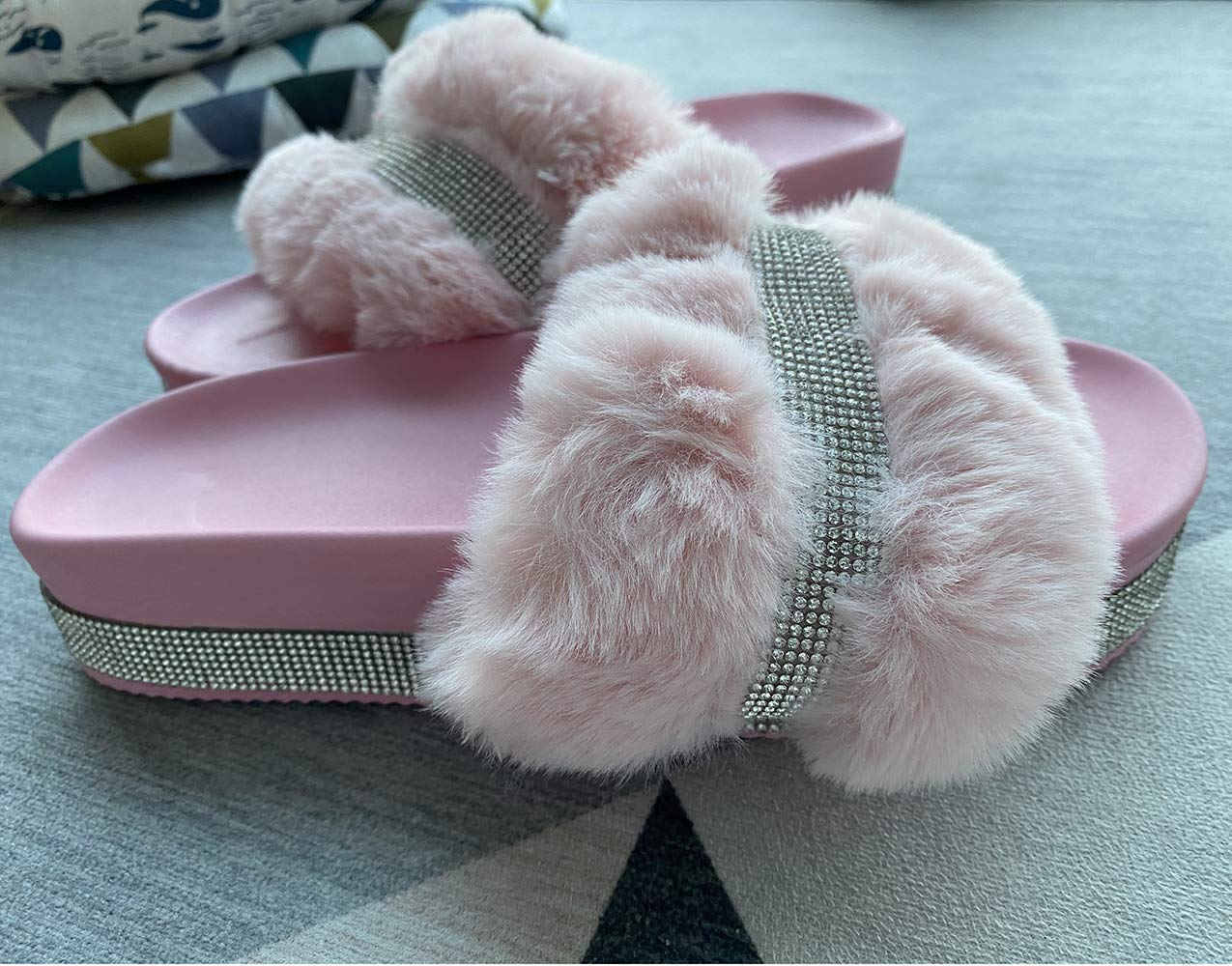 JITUUE Women's Light Slide Slippers - Faux Fur Rhinestone Slip-On Heel Flats with Platform - Open Toe Sandals for Indoor/Outdoor Use - Perfect for Lounging, Spa Days, and Beach Wear