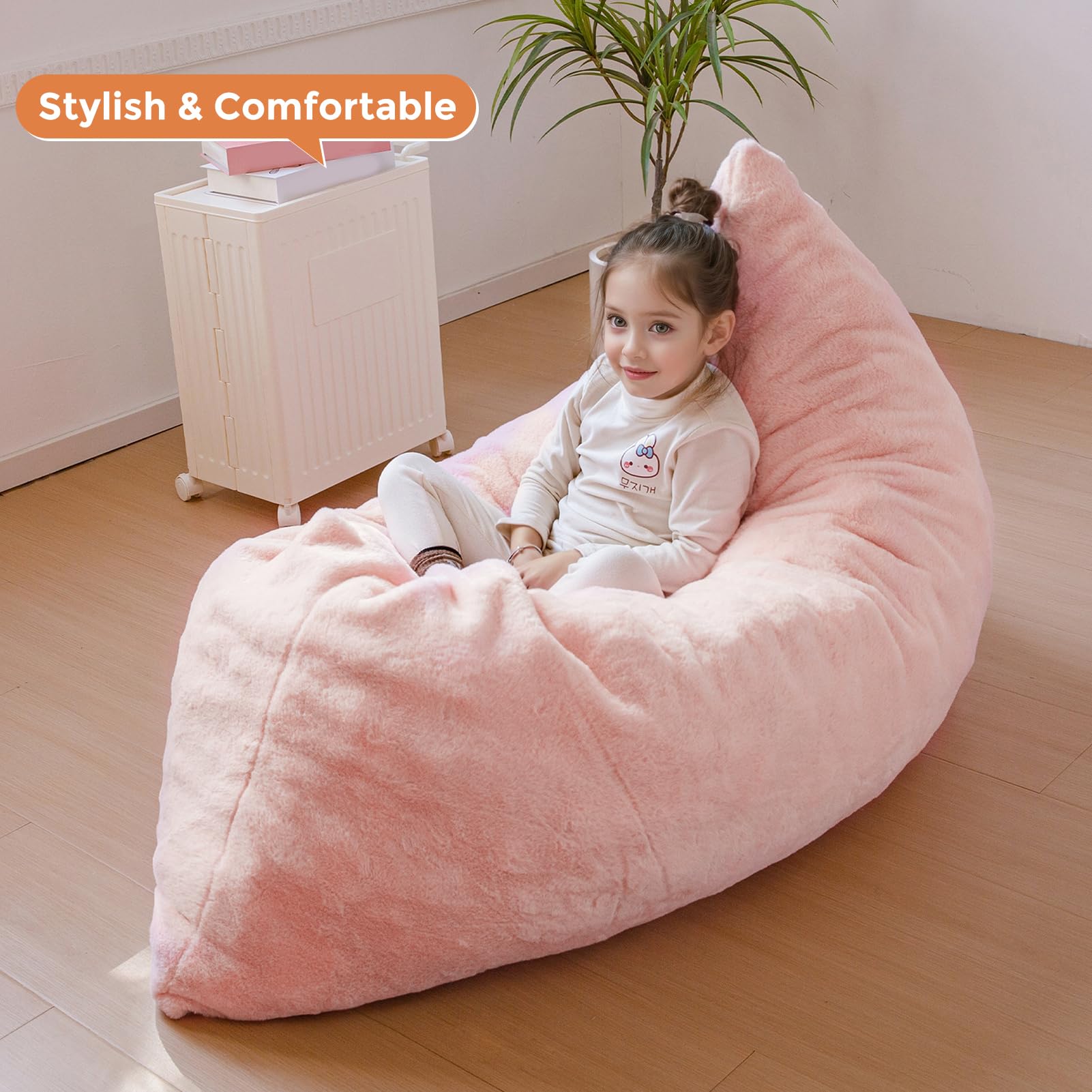 MAXYOYO 3-in-1 Kids Bean Bag Chair Bed - Convertible Faux Fur Floor Sofa for Children, Gaming & Reading (Pink) | Perfect for Bedroom, Playroom & Dorm Room Comfort