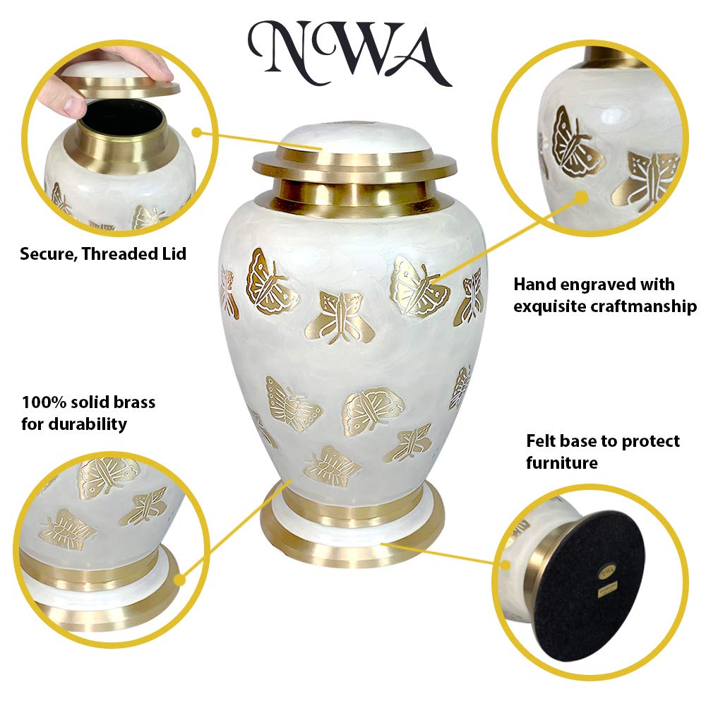 Personalized Butterfly Cremation Urn - Pearl White & Gold Adult Human Urn with Matching Keepsake & Velvet Bags for Memorial Services & Home Display