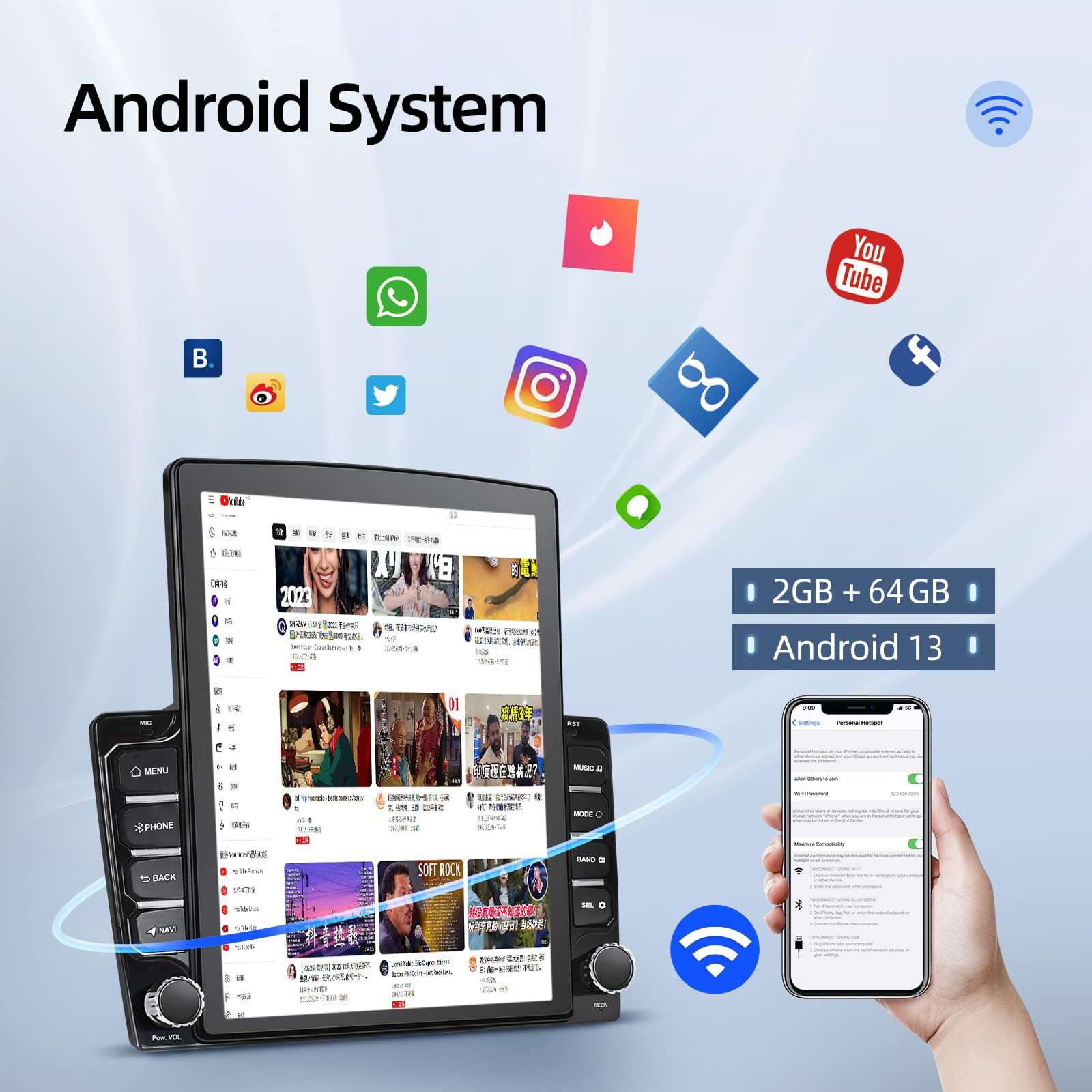 2G+64G Android 13 Vertical Double Din Car Stereo with Wireless/Wired CarPlay & Android Auto - 9.7