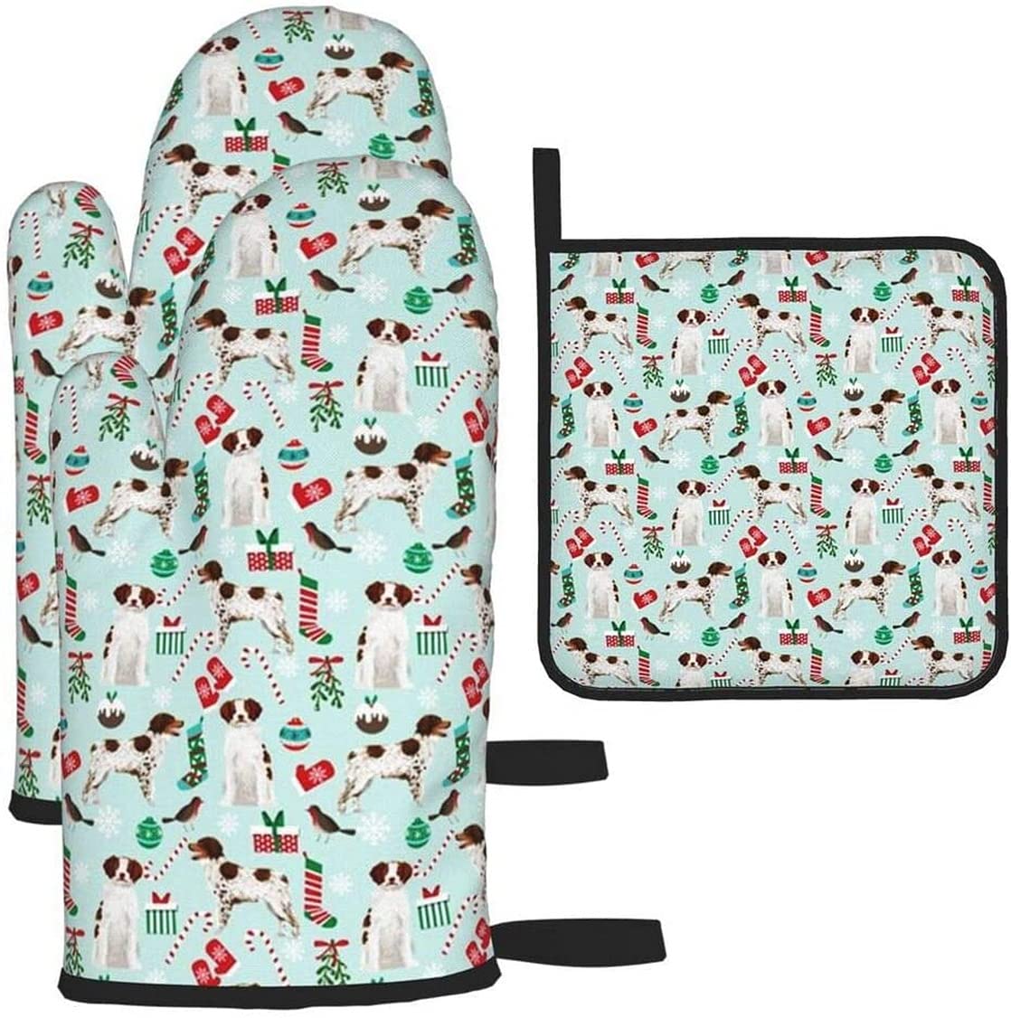 Brittany Spaniel Christmas Dog Pattern Oven Mitts and Pot Holders Set of 3 - Heat Resistant Kitchen Gloves for Cooking, Baking, BBQ & Grilling - Perfect Holiday Gift for Dog Lovers