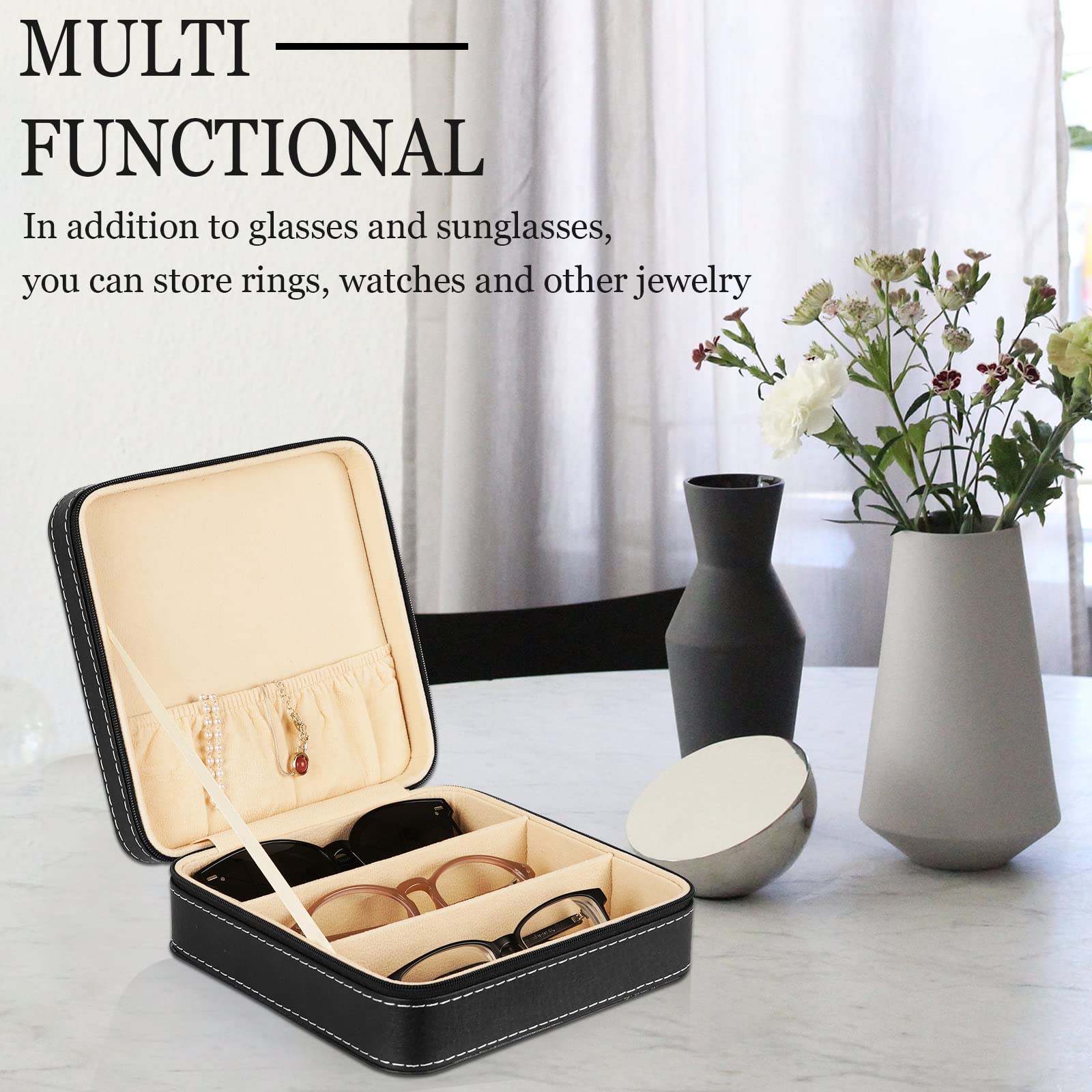 Portable 3-Slot Sunglasses Case - Travel Glasses Organizer with Zipper Closure, Leatherette Jewelry Display Box for Eyewear Collector | Perfect for Travel, Home Storage & Gift Giving