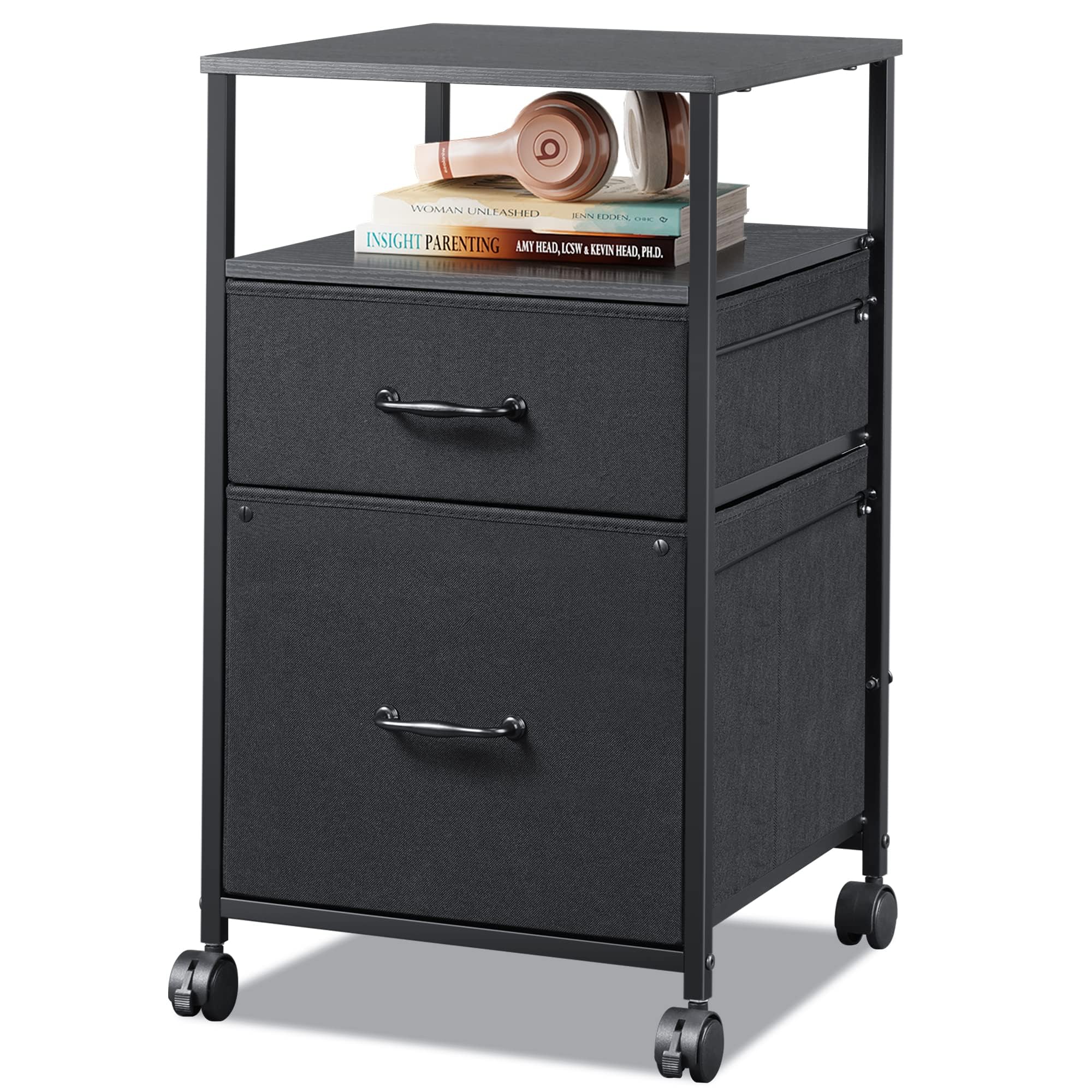 DEVAISE Mobile File Cabinet with Wheels - Rolling Printer Stand with Open Storage Shelf, Fabric Vertical Filing Cabinet for A4 & Letter Size Documents - Home Office Organization, Black - Perfect for Small Spaces & Workspaces