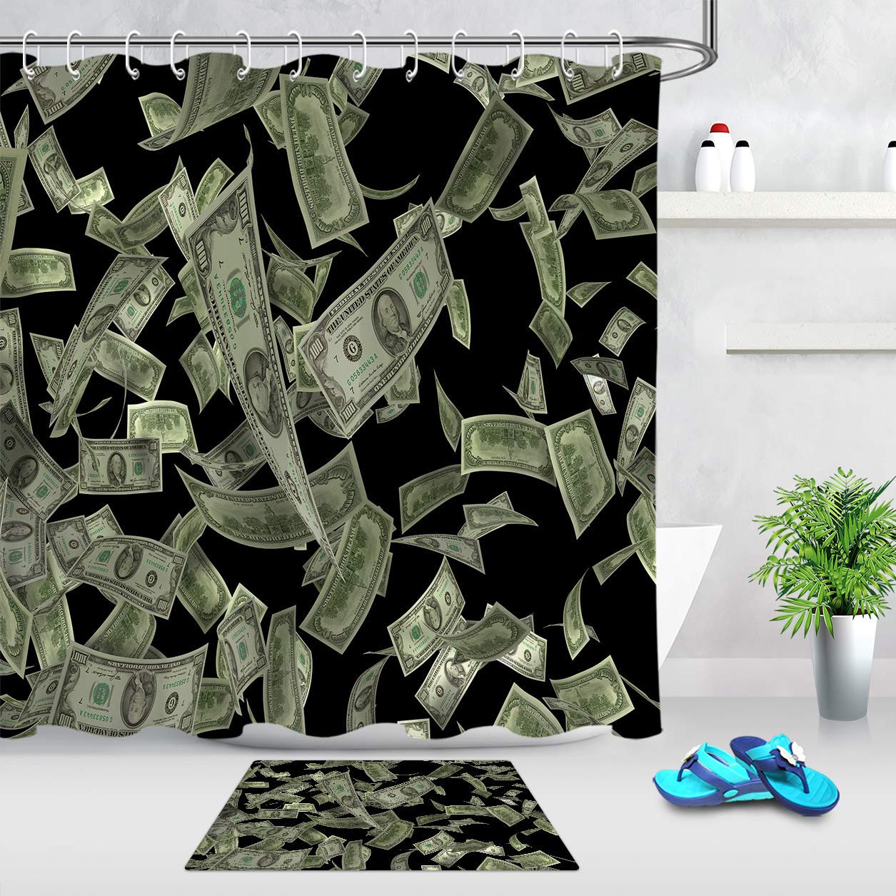 Funny 100 Dollar Bill Shower Curtain Set - 72x72 Inch Waterproof Polyester Bathroom Decor with Matching Rugs | Novelty Money Design for Bathroom, Party & Gift Ideas