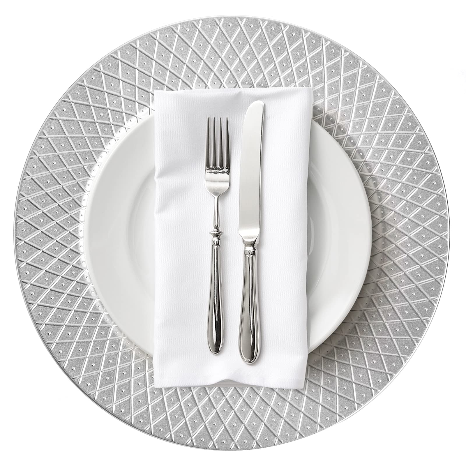 12 Pack Silver Charger Plates - 13 Inch Decorative Round Plastic Dinner Plates with Diamond Pattern, Reusable for Wedding, Party, Holiday & Events - Elegant Table Setting for Formal Dining & Special Occasions