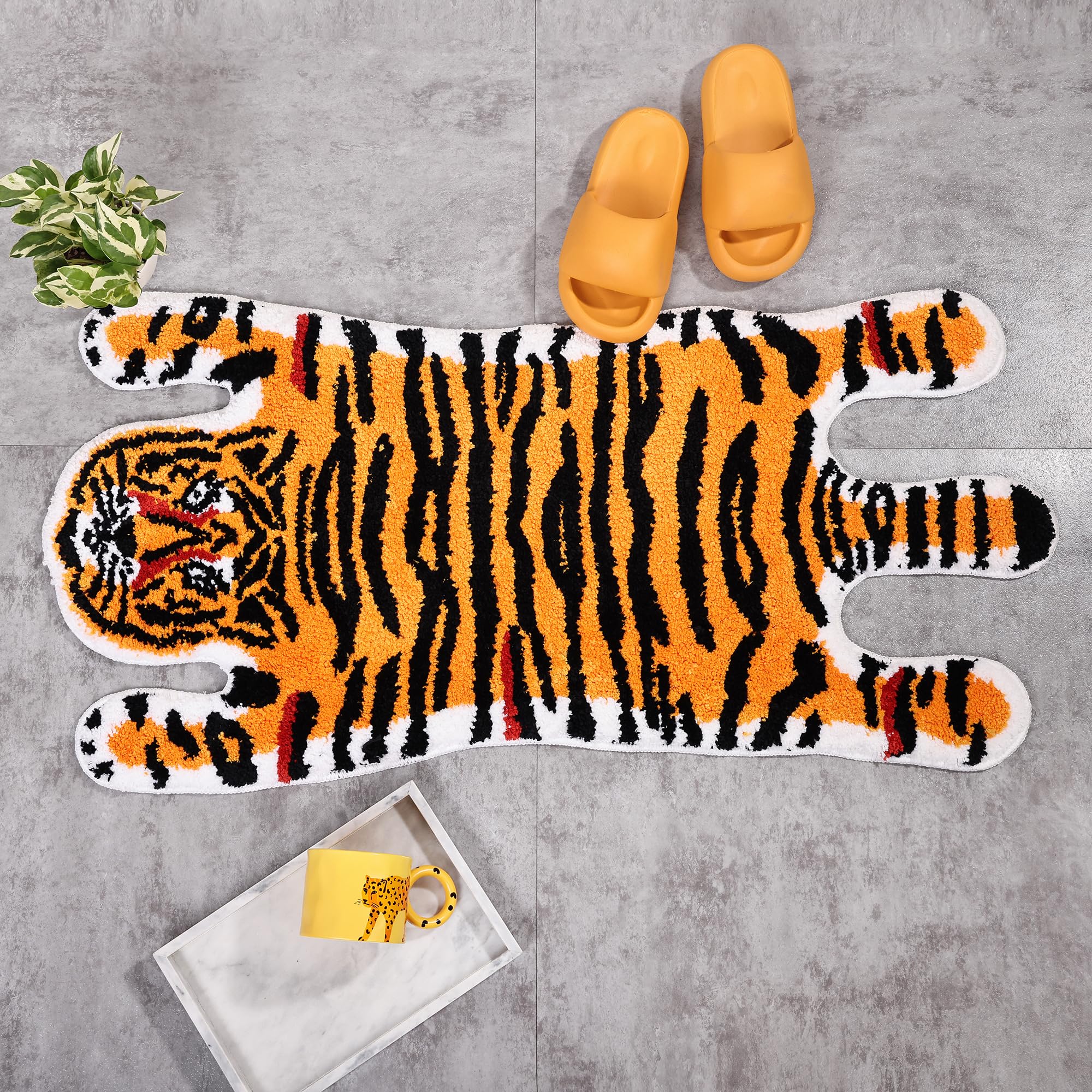 Panstar Non-Slip Tiger Bath Mat - Super Absorbent Plush Cartoon Animal Shaped Bathroom Rug for Kids & Adults, Soft Orange Yellow Tiger Design - Perfect for Bathroom, Shower, and Bathtub Safety