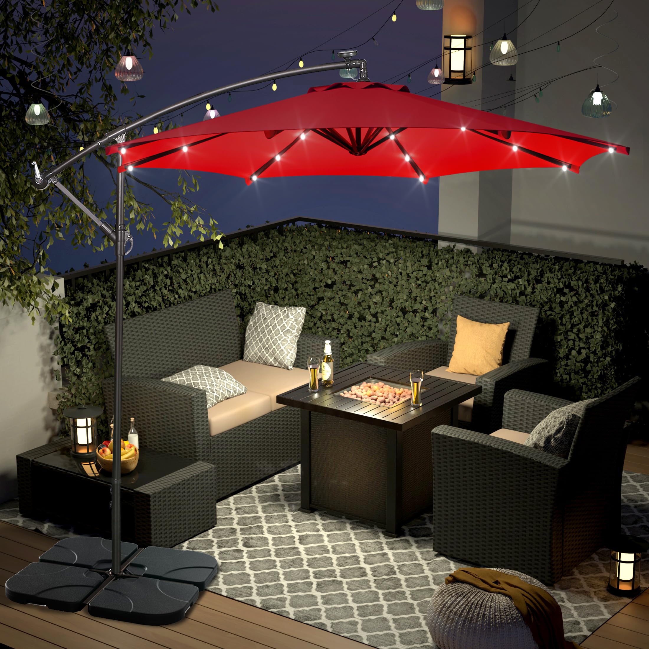 WO Home Furniture 10ft Cantilever Patio LED Umbrella Set with Stand - 2 Pack, Red | Outdoor Garden, Poolside & Backyard Shade Solution