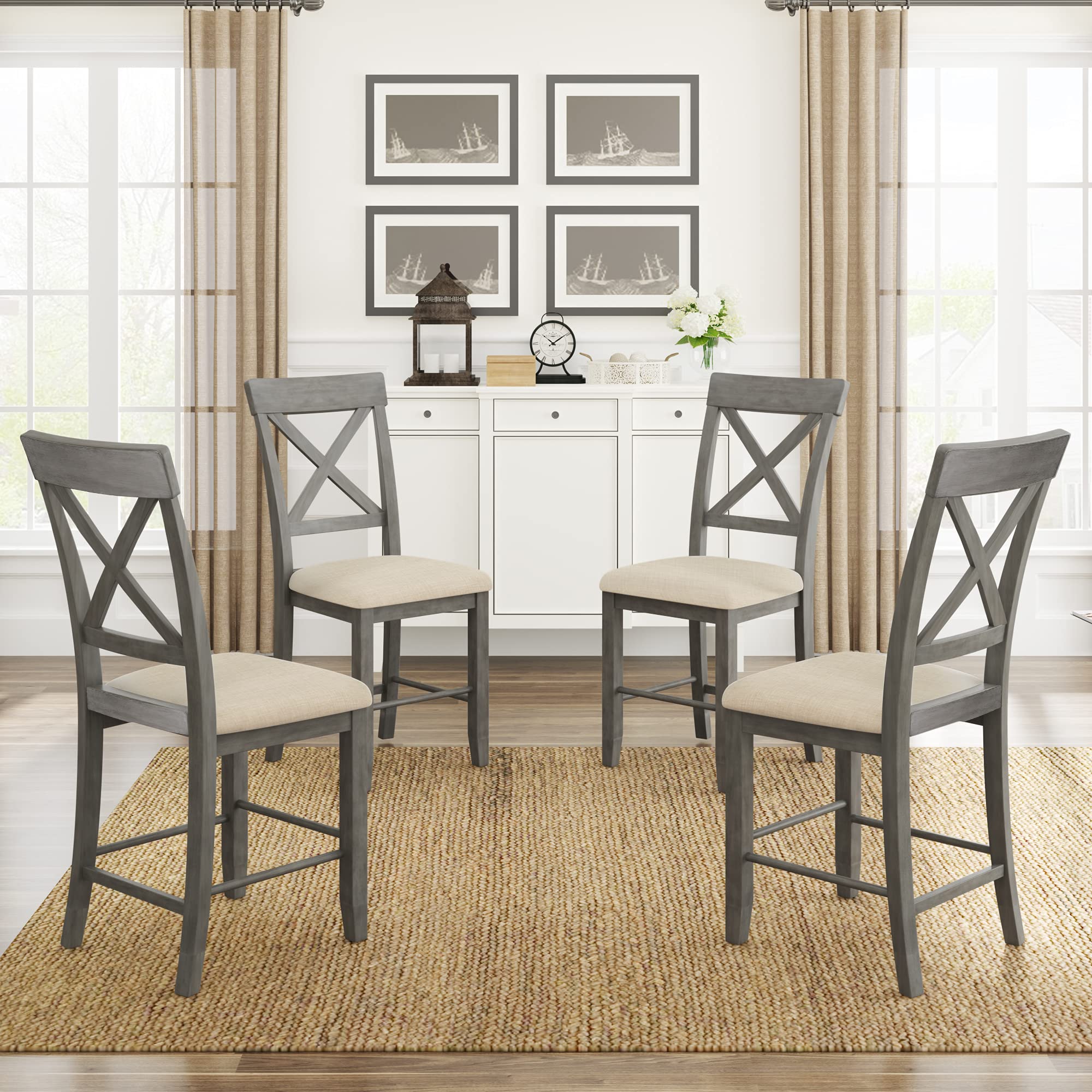Wood 4-Piece Counter Height Dining Chairs with Upholstered Gray+Beige Cushions, Modern Kitchen and Dining Room Seating for Home, Office, and Cafe