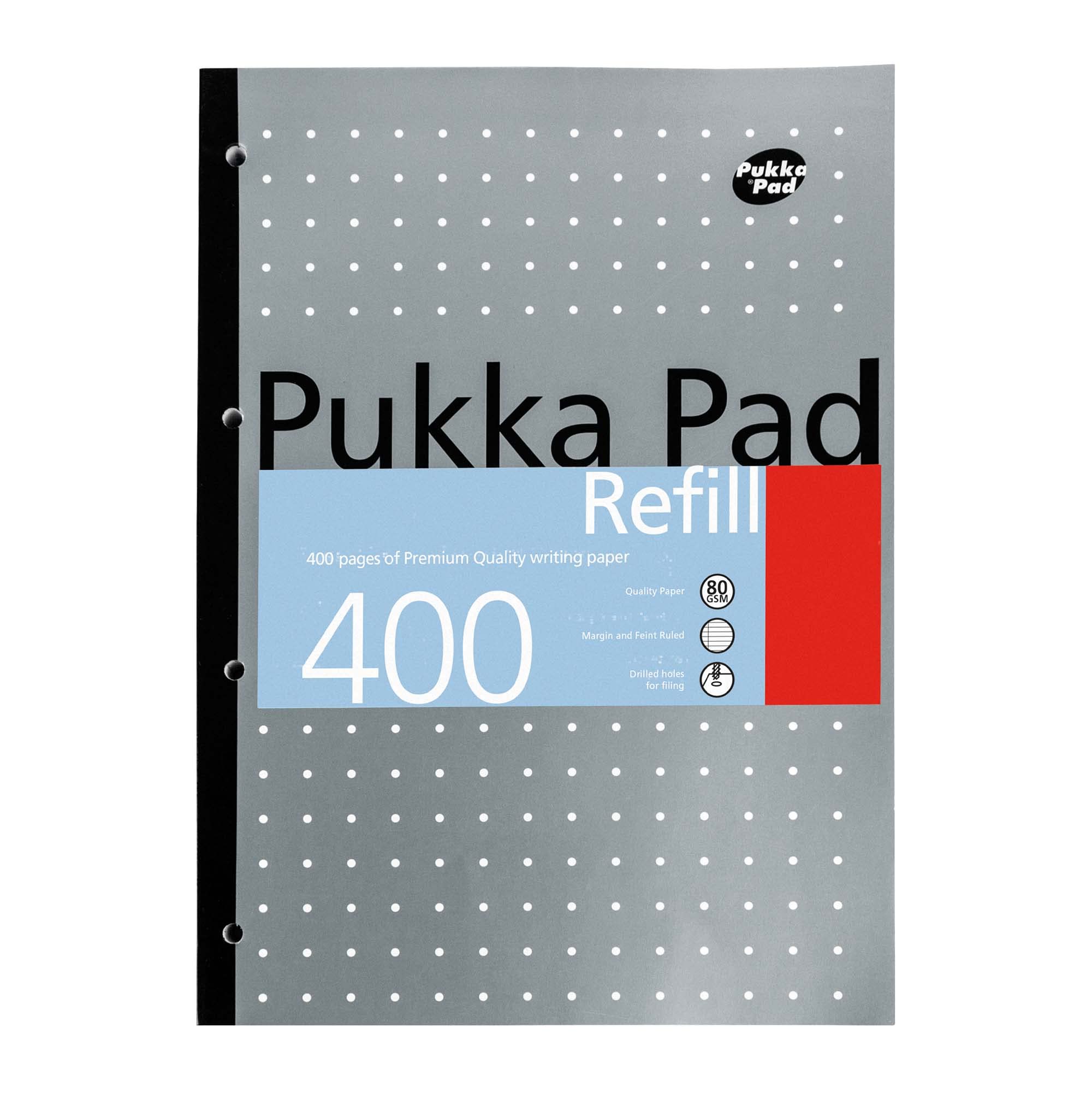 Pukka Pad A4 Refillable Notepad 5-Pack - 400 Pages 80GSM Paper with 4-Hole Punch & Feint Ruled Lines - 29.7x21cm (Blue,White,Pink,Silver) - Perfect for School, Office & Note Taking