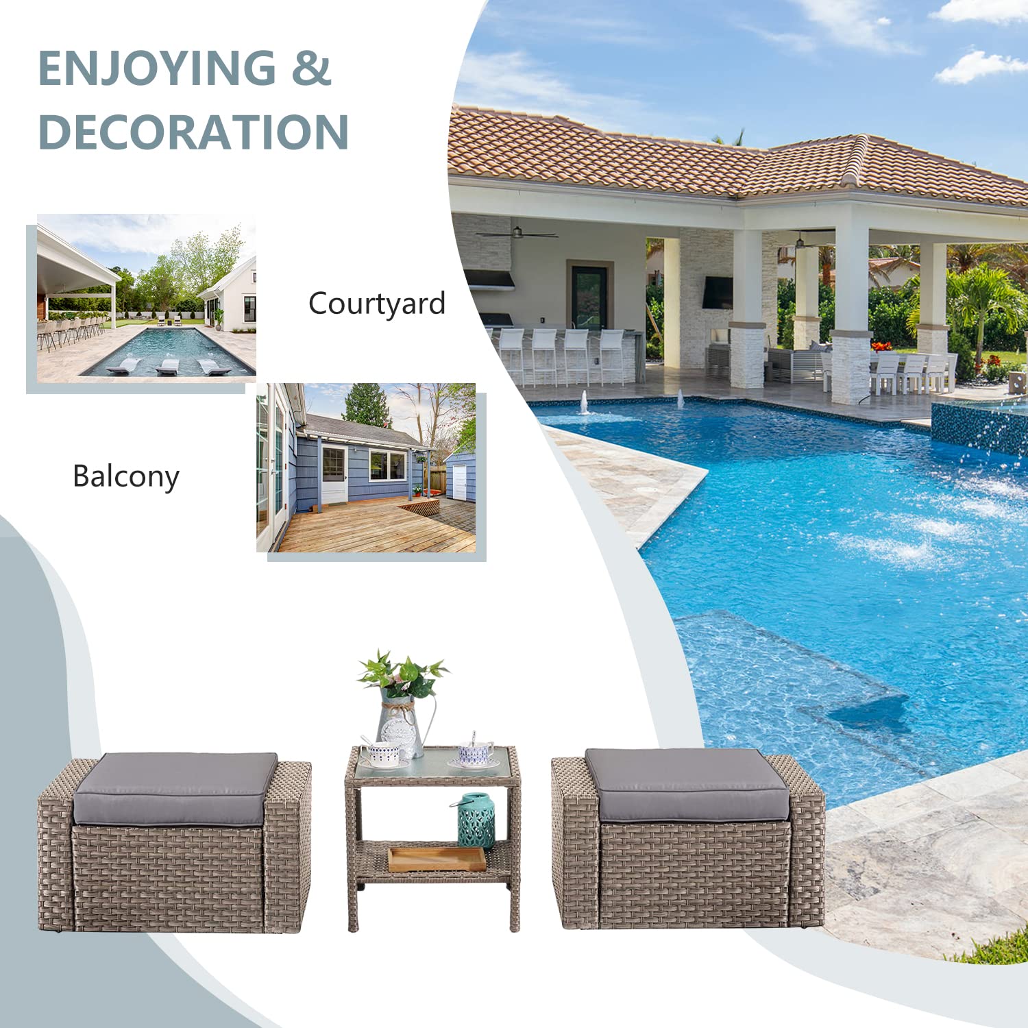 Stamo 3-Piece Outdoor Patio Furniture Set - Wicker Ottoman Chairs with Glass Coffee Table & Grey Removable Cushions, Coffee-Grey - Perfect for Garden, Poolside, and Backyard Relaxation