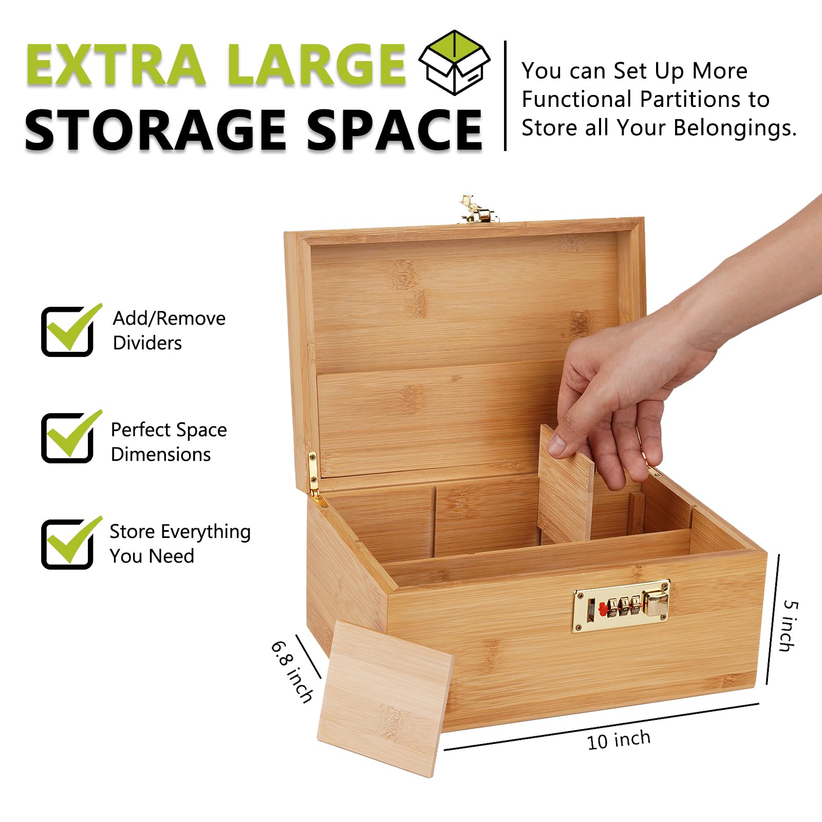 OZCHIN Large Bamboo Storage Box with Combination Lock - Decorative Home Organizer for Jewelry, Documents & Keepsakes - Natural Bamboo Wooden Box for Bedroom, Office & Living Room Storage