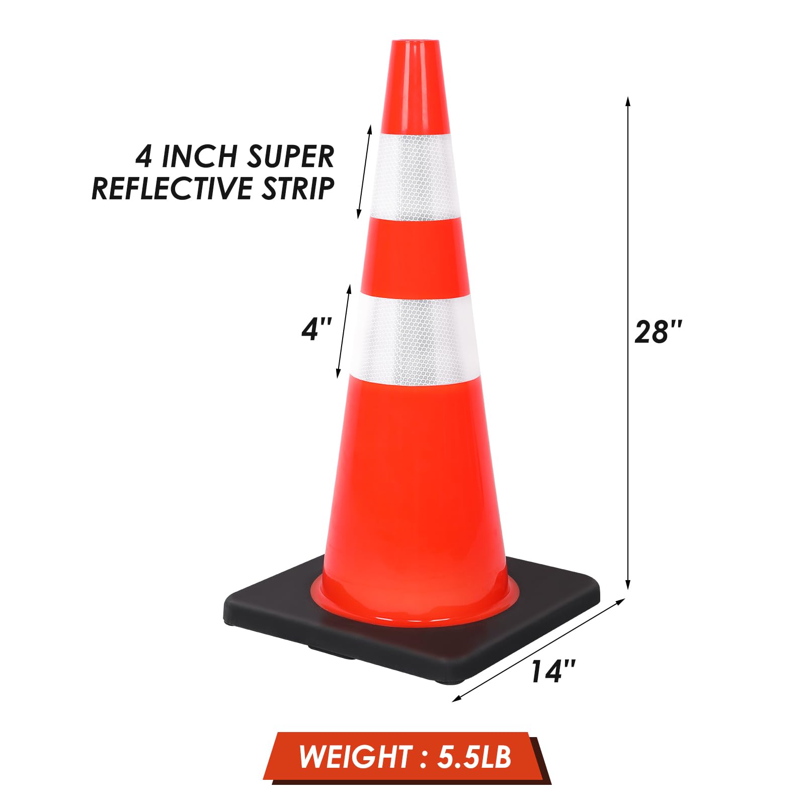 28 Inch Traffic Safety Cones with Reflective Collars - 12 Pack for Parking Lots, Road Construction, Lane Control & Driving Safety | Perfect for Work Zones, School Areas & Event Management
