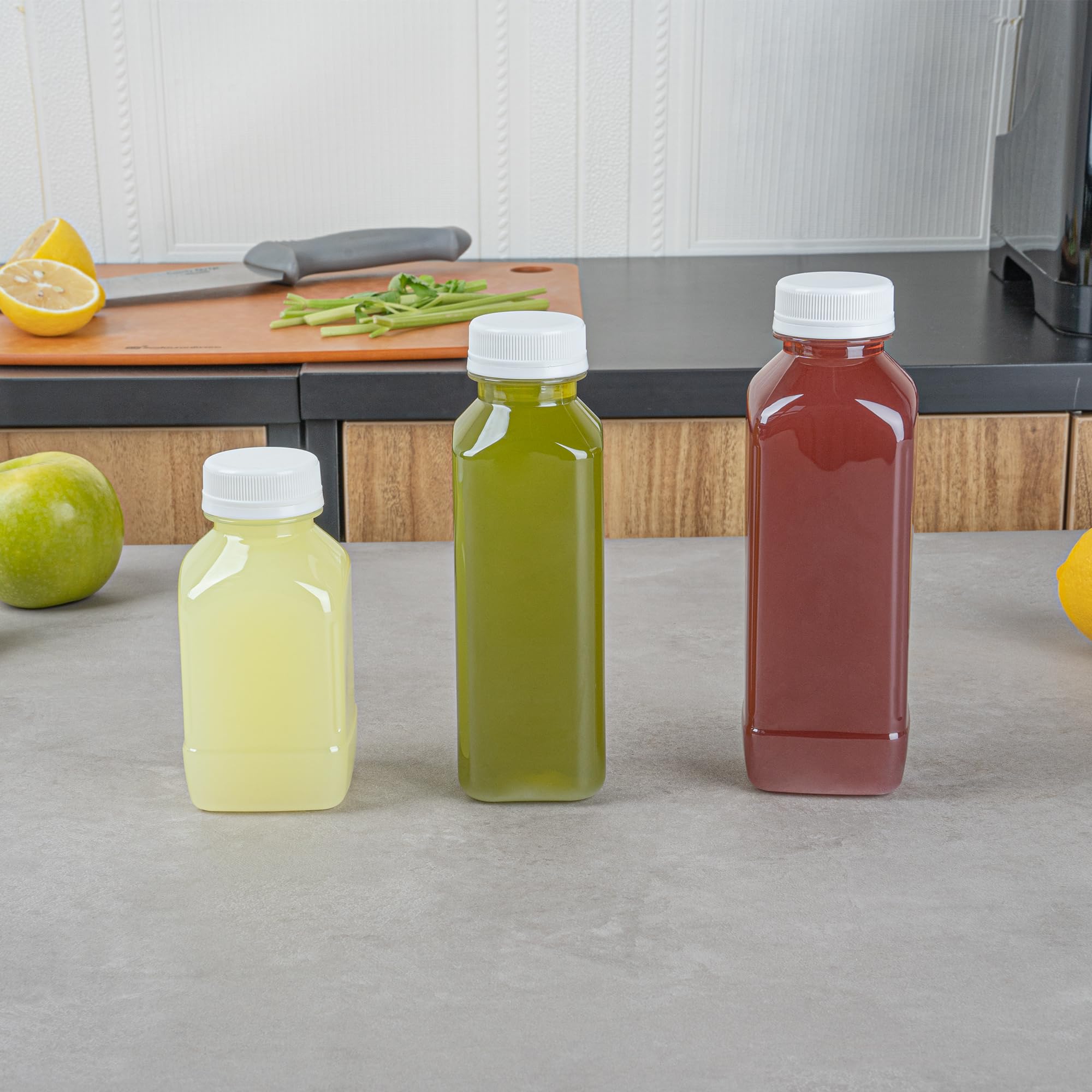 16oz Square Plastic Juice Bottles - 100 Pack Clear PET Cold Pressed Juice Bottles with Tamper Evident Cap | Disposable Drink Containers for Juice Bars, Coffee Shops, Catering & Events | Perfect for Fresh Juices, Smoothies & Beverage Storage