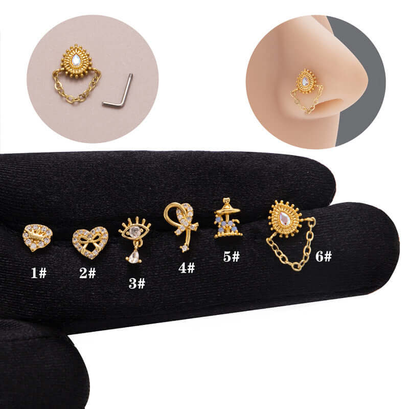 Hypoallergenic Surgical Steel Evil Eye L Bend Dangle Chain Nose Ring Piercing Jewelry | BJ620 | Perfect for Everyday Wear & Spiritual Protection