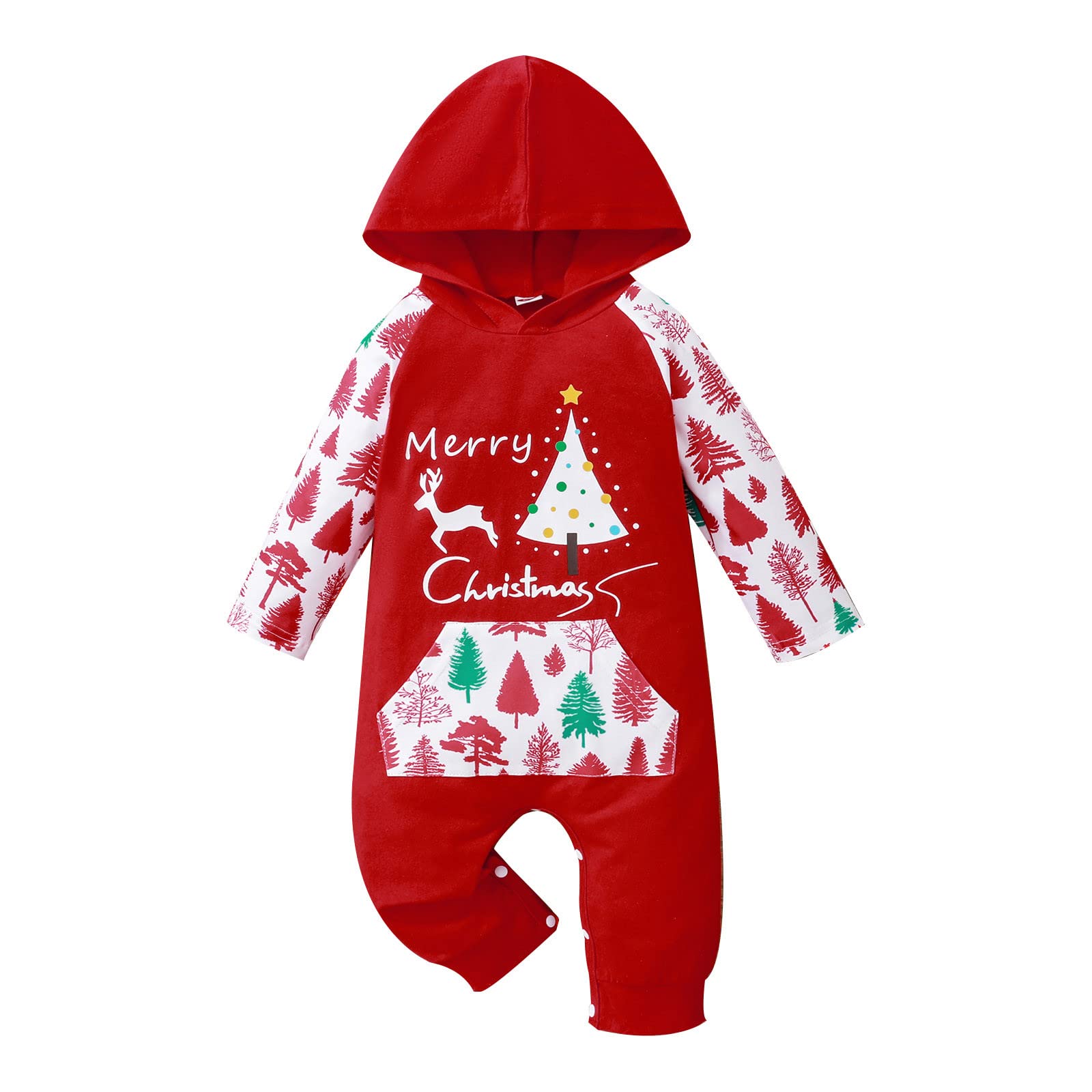 Adorable Christmas Baby Jumpsuit - Long Sleeve Hooded Romper with Cute Xmas Tree & Deer Print for Infant Boys & Girls | Perfect Holiday Outfit & Photo Shoot