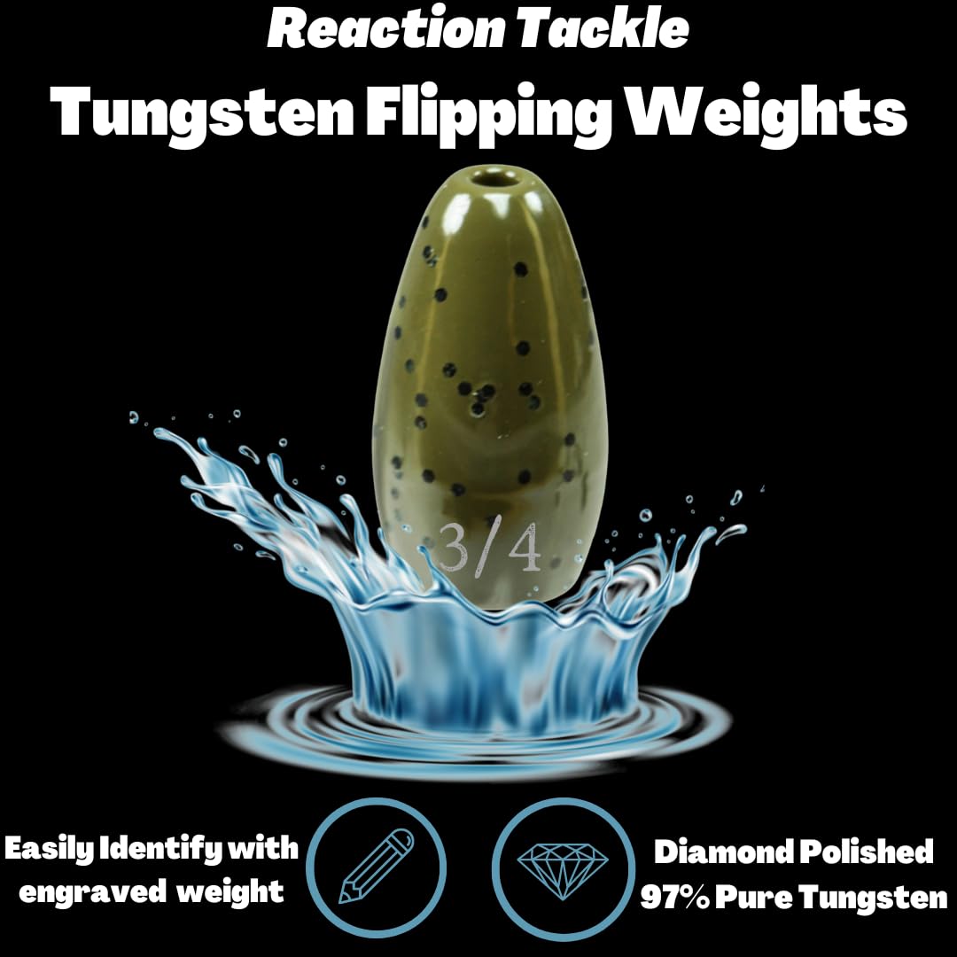 Reaction Tackle Tungsten Flipping Weights for Bass Fishing - Heavy Cover Punching Sinkers - Freshwater & Saltwater Use - Texas Rig & Carolina Rig Compatible - Size Stamped - Ideal for Flipping, Pitching, and Punching Through Weeds & Grass