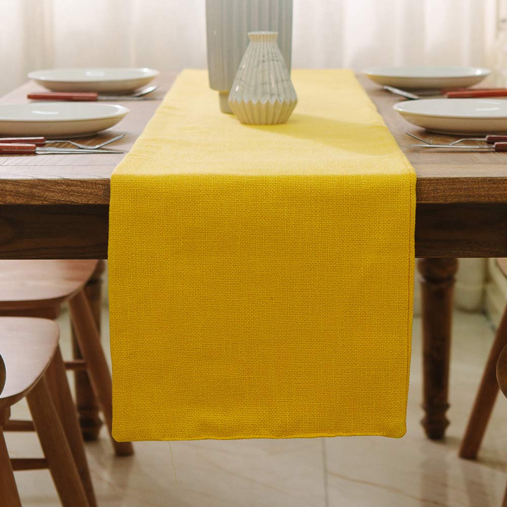 12 x 108 Inches Bright Yellow Burlap Rustic Table Runner for Christmas, Living Room, Dinner, Wedding, Birthday Party, and Home Decor