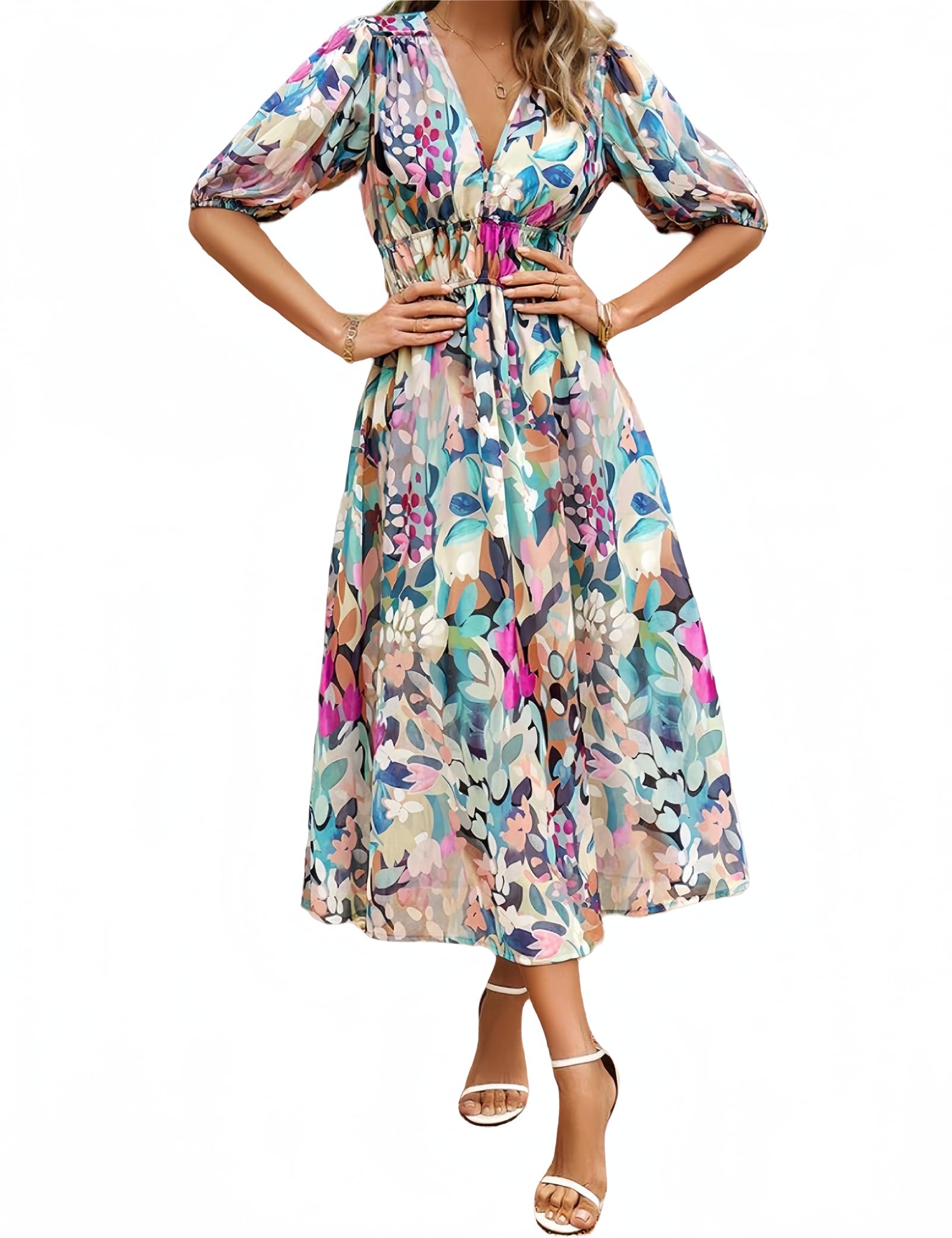 2024 Women's Summer Boho Floral V-Neck Dress - Casual Beach Long Dress with Short Sleeves | Perfect for Vacations, Outdoor Parties & Summer Getaways