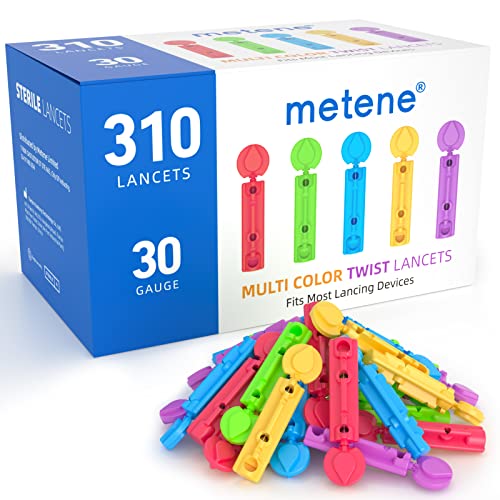Metene 30G Twist Top Sterile Lancets for Blood Sugar Testing - 310 Count Diabetic Lancets for Glucose Monitor (Multicolored) - Painless Finger Prick for Diabetes Care at Home & Clinic