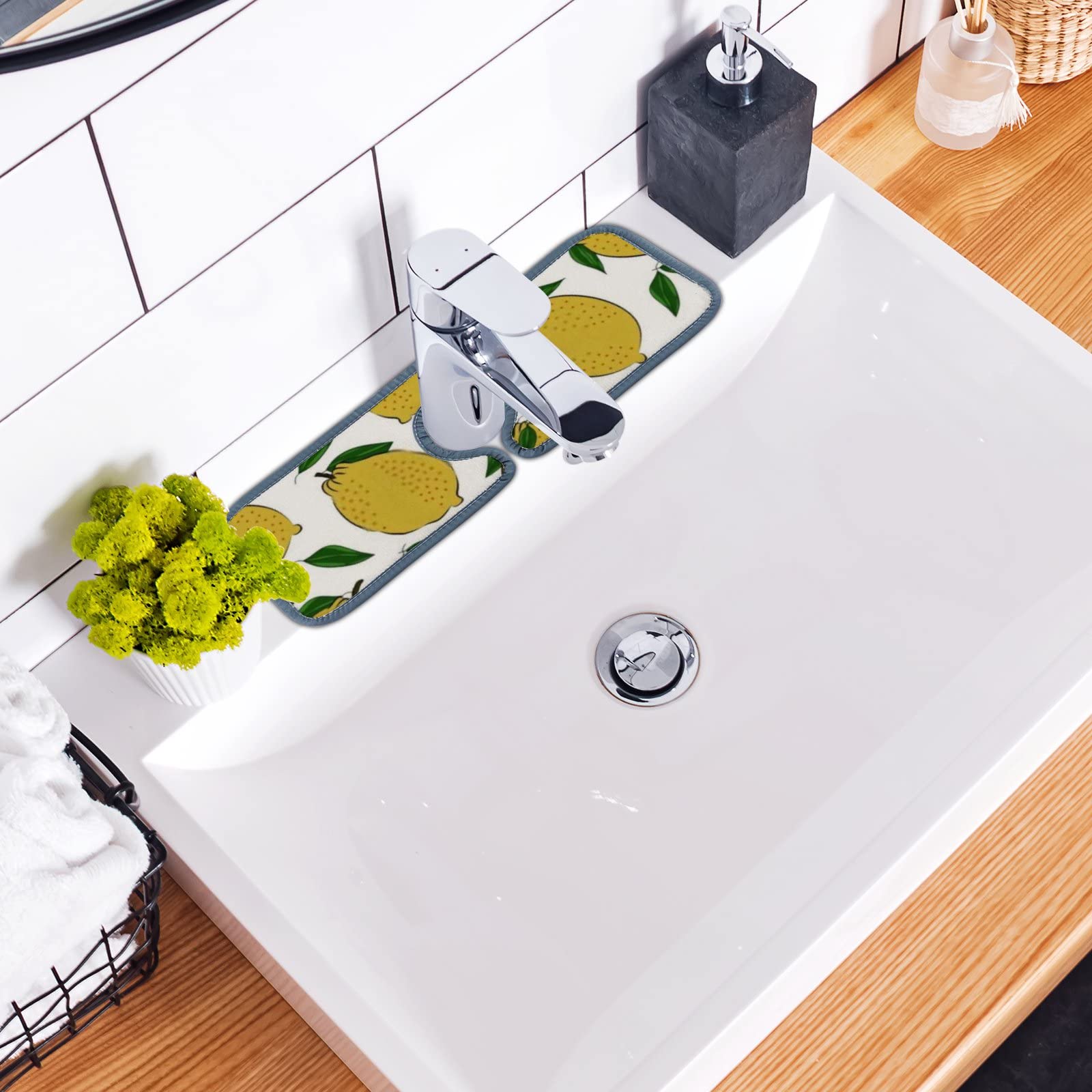 3 Pack Absorbent Kitchen & Bathroom Sink Faucet Mats - Lemon Citrus Fruit Splash Guard, Water Tap Countertop Protector, RV Stain Proof Pads for Home & Travel Use