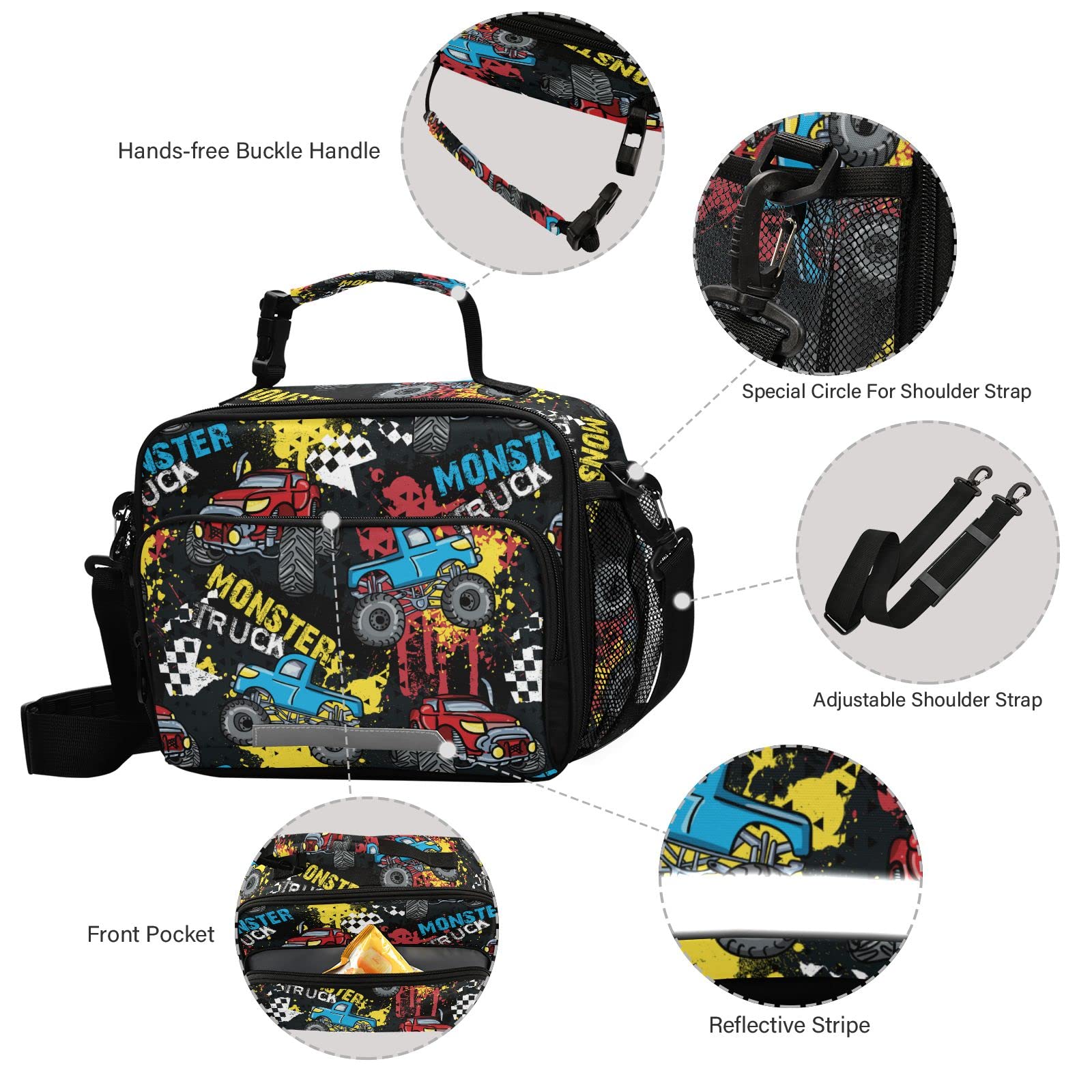 Monster Truck Insulated Lunch Bag - Large Cooler Tote with Adjustable Shoulder Strap for Men & Women - Reusable Picnic Lunch Box for Office, Outdoor, Camping & Travel