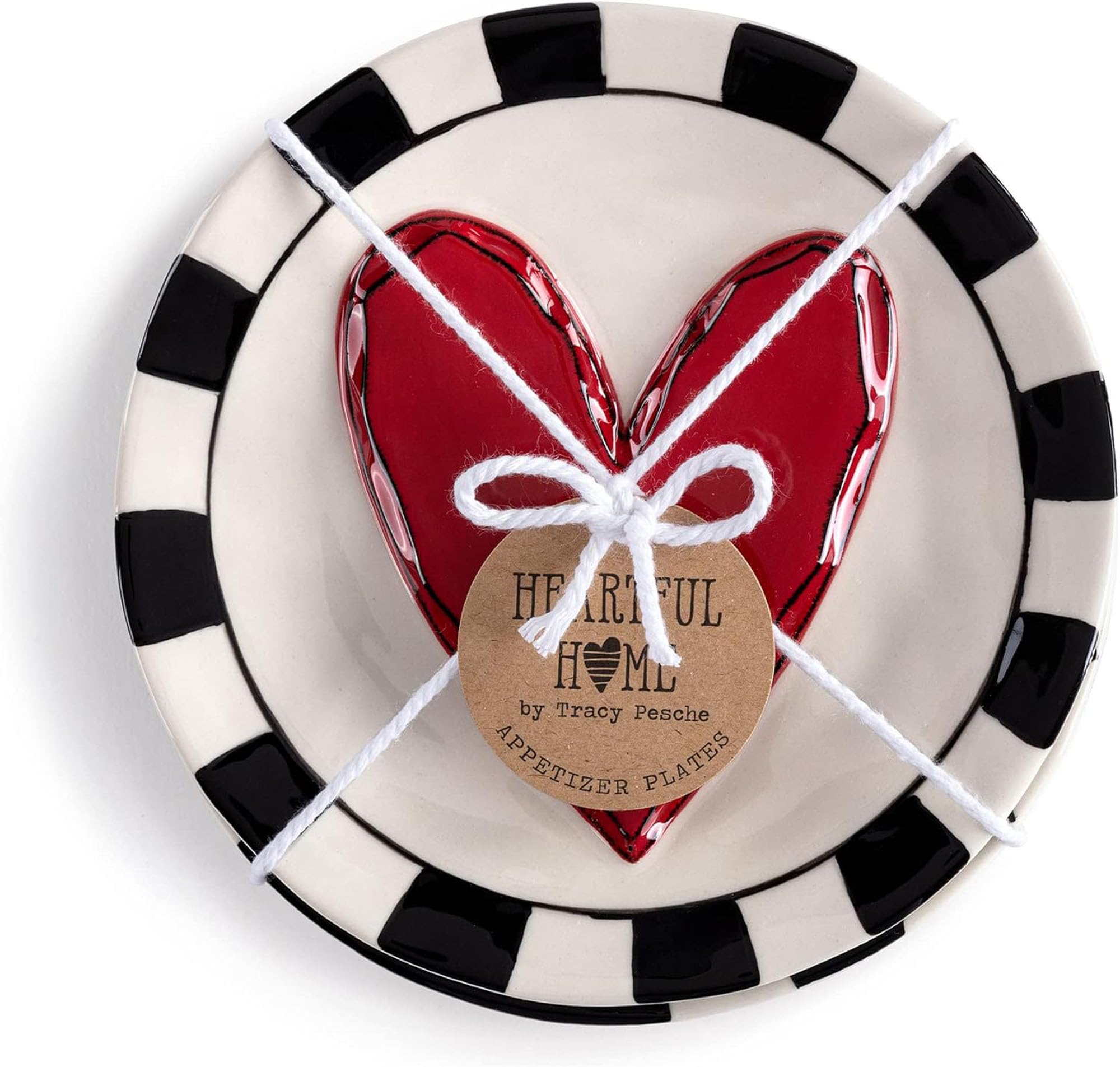 DEMDACO 6.5 Inch Stoneware Appetizer Plates Set of 4 - Elegant Black and Red Heart Design for Dinner Parties, Valentine's Day & Romantic Date Nights