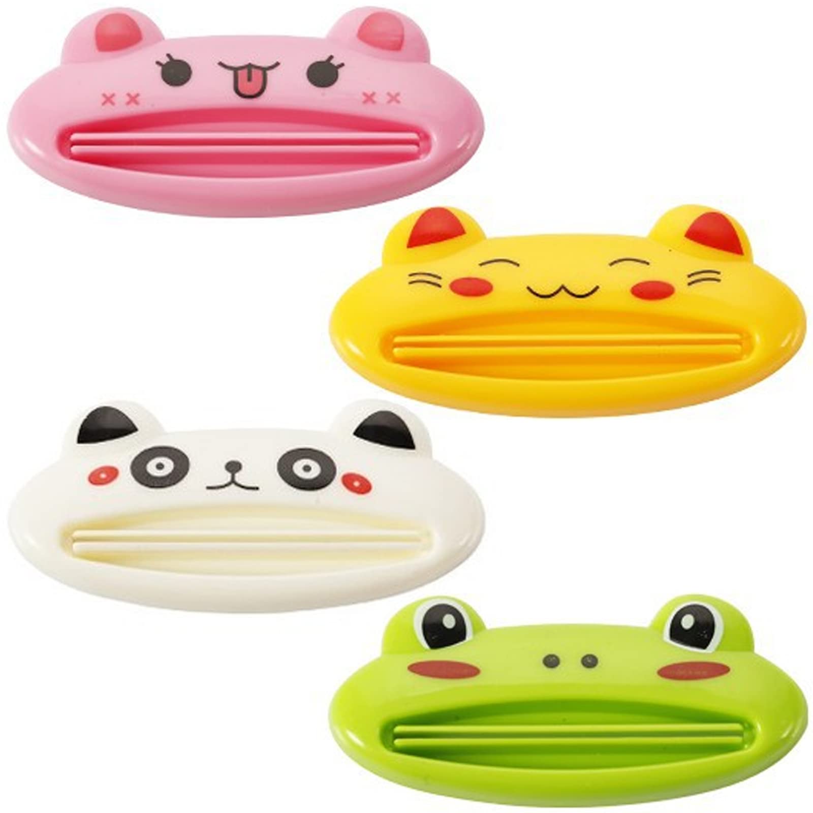 4 Pack Toothpaste Tube Squeezer Dispenser with Cartoon Caps - Bathroom Organizer for Toothpaste, Cosmetics & Facial Cleanser - Space Saving Rolling Holder for Home, Travel & Daily Use