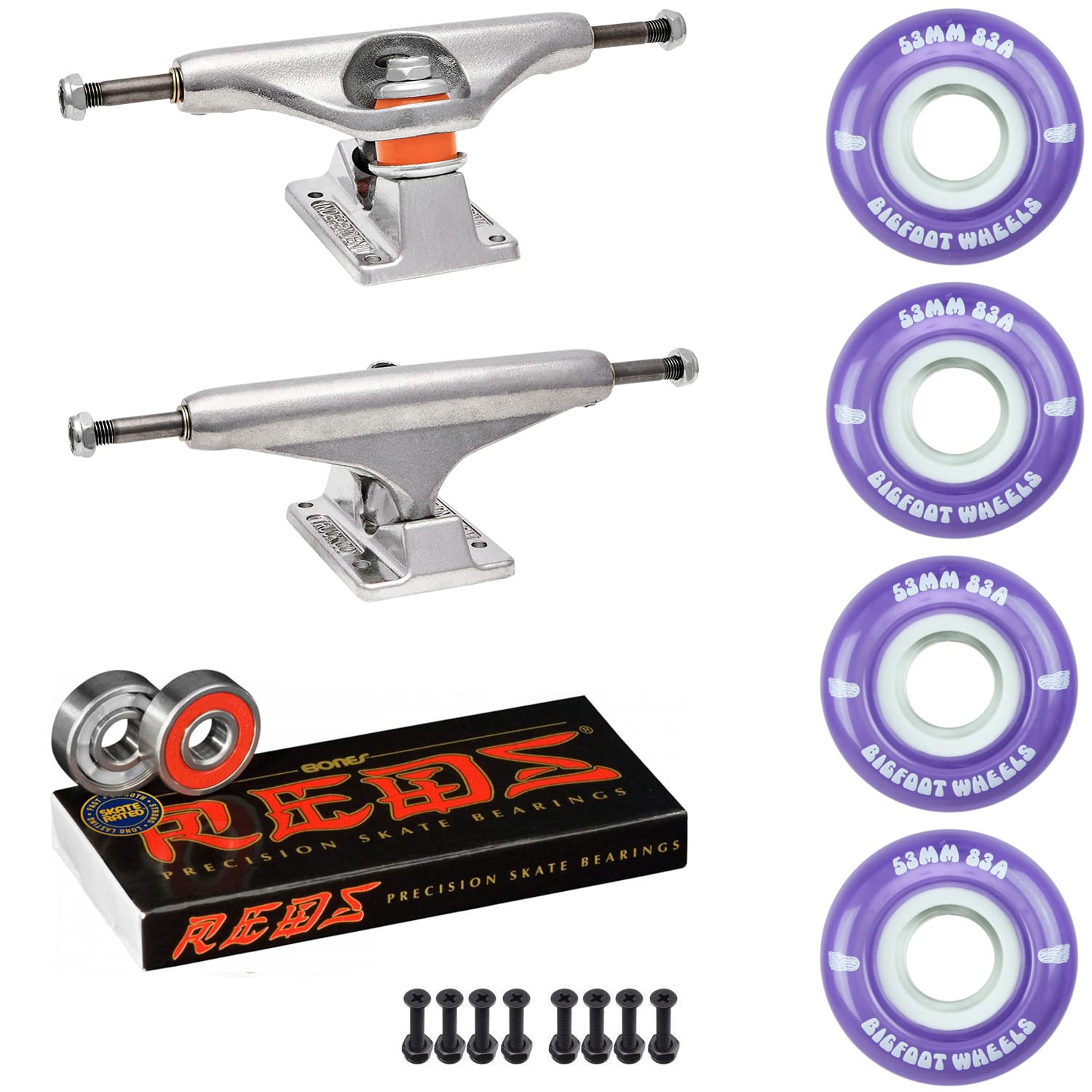 Independent Skateboard Trucks Complete Kit with 53mm Bigfoot Soft 83A Wheels, Bones Reds Bearings, 1