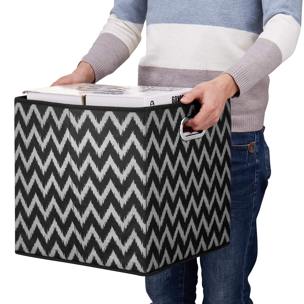 Foldable Fabric Storage Cubes 13x13x13 Inch - Black Chevron Printed Cloth Bins with Drawer for Closet, Shelf & Home Organization | Perfect for Toys, Books & Wardrobe Storage (QY-SC03-3)