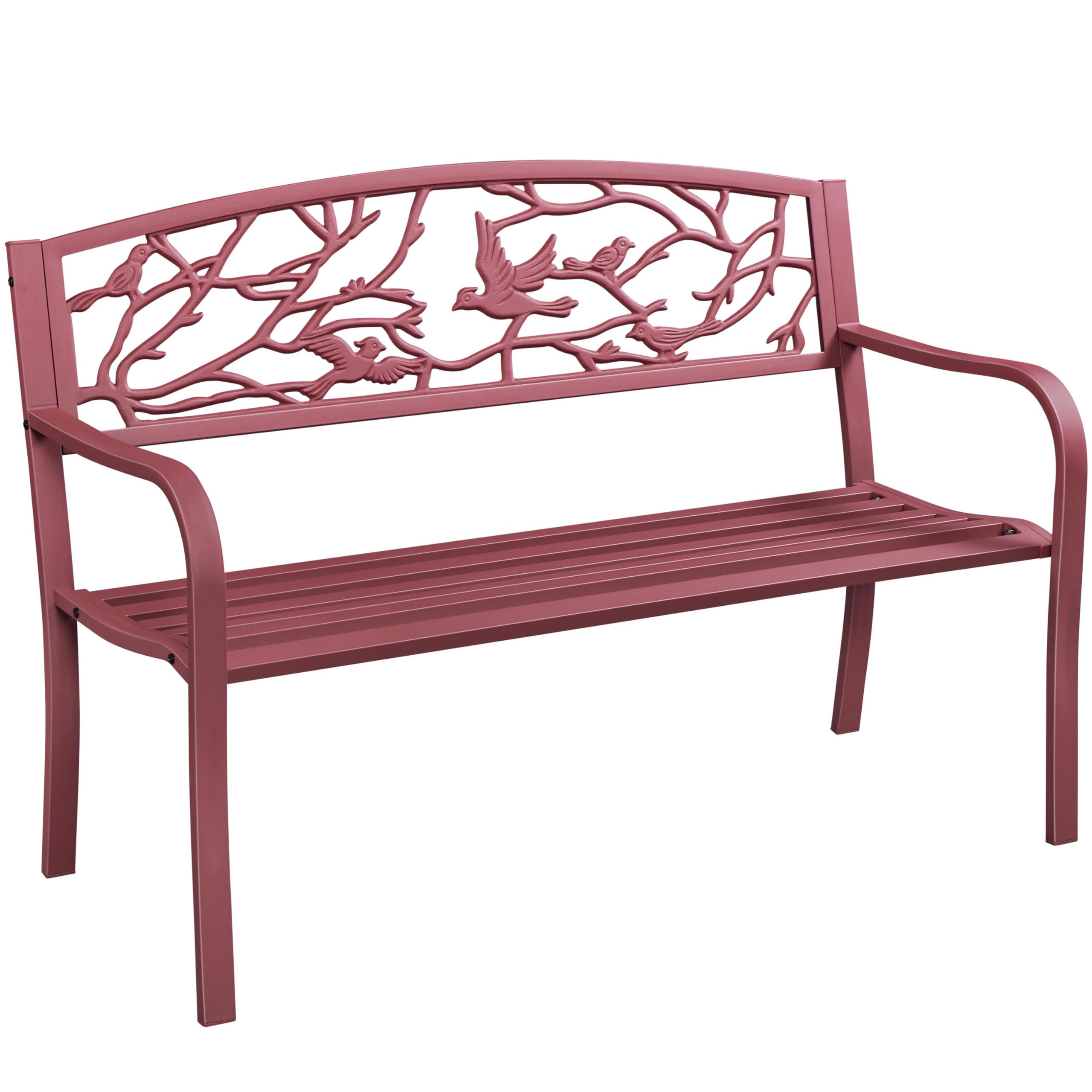 Vintage Style Outdoor Garden Bench with Bird Pattern Backrest - Antique Metal Patio Chair with Slatted Seat for Yard, Porch, Park - Perfect for Relaxing in Your Garden, Backyard or Outdoor Spaces (Red)