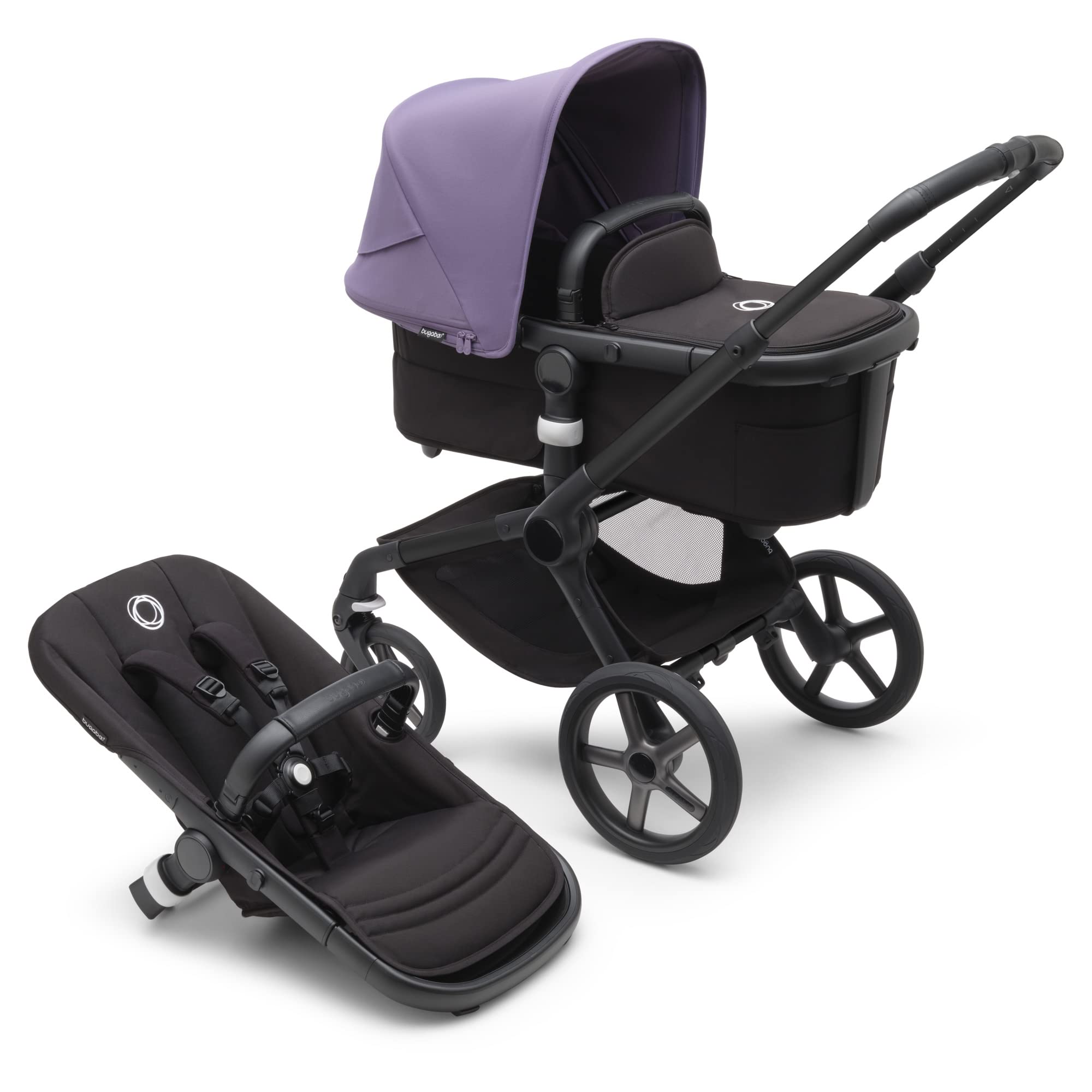 Bugaboo Fox 5 All-Terrain Baby Stroller - 2-in-1 Convertible Travel System with Full Suspension, Easy Fold Design, Spacious Bassinet & Adjustable Toddler Seat | One-Hand Steering | Midnight Black & Astro Purple | Perfect for City Walks, Park Outings & Travel Adventures