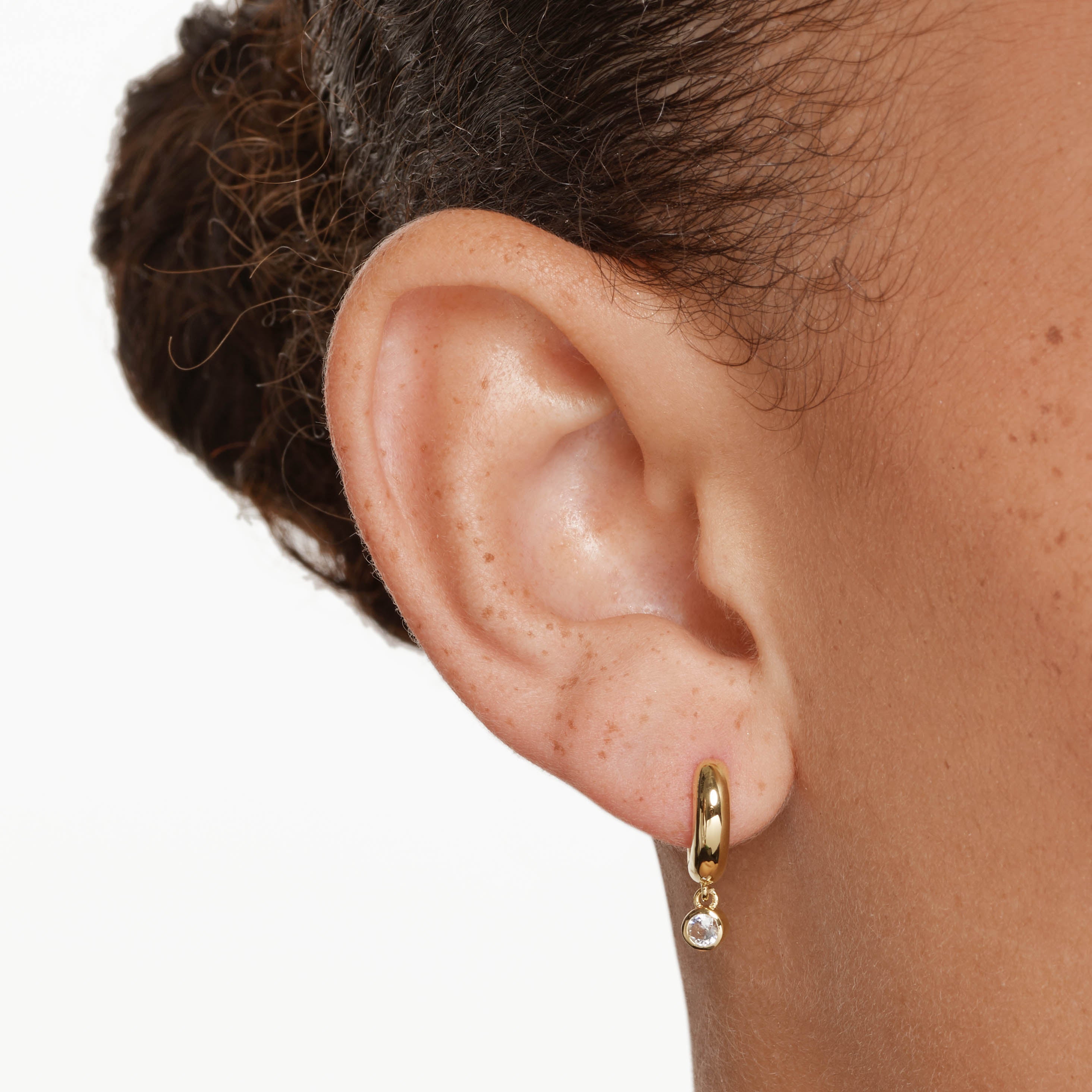 14K Gold White Topaz Round Drop Huggie Earrings for Women - Perfect for Weddings, Parties & Everyday Elegance