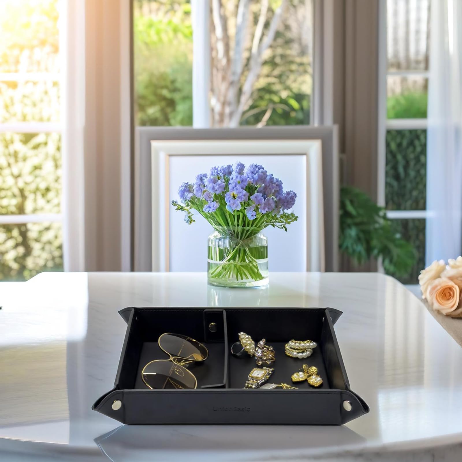 UnionBasic Medium Valet Tray - Jewelry Organizer for Rings, Watches, Earrings | Entryway Catchall for Keys, Coins, Wallets | Nightstand Organizer for Phones, Smartwatches | Perfect for Bedroom, Bathroom & Office Use - Black