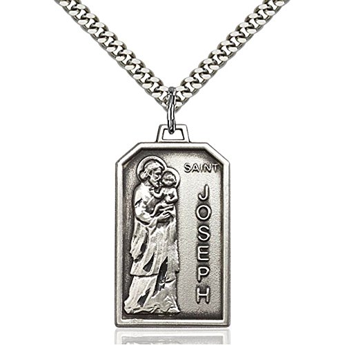 St. Joseph Sterling Silver Pendant Necklace - 1 1/8 x 5/8 Inch Religious Charm with Heavy Curb Chain - Perfect for Baptism, First Communion & Catholic Gifts