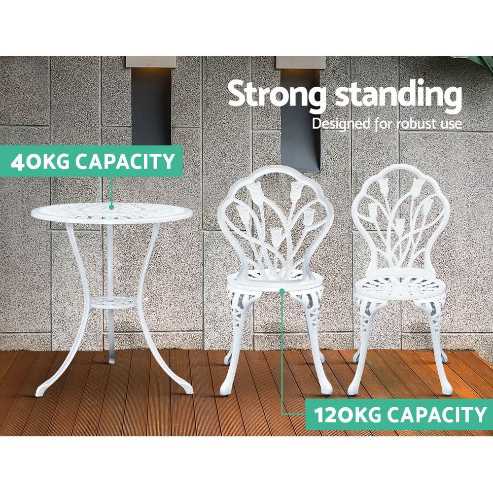 3-Piece Outdoor Bistro Set - White Tulip Cast Aluminum Patio Table and Chairs for Garden, Balcony & Backyard Dining | Weather-Resistant Patio Furniture