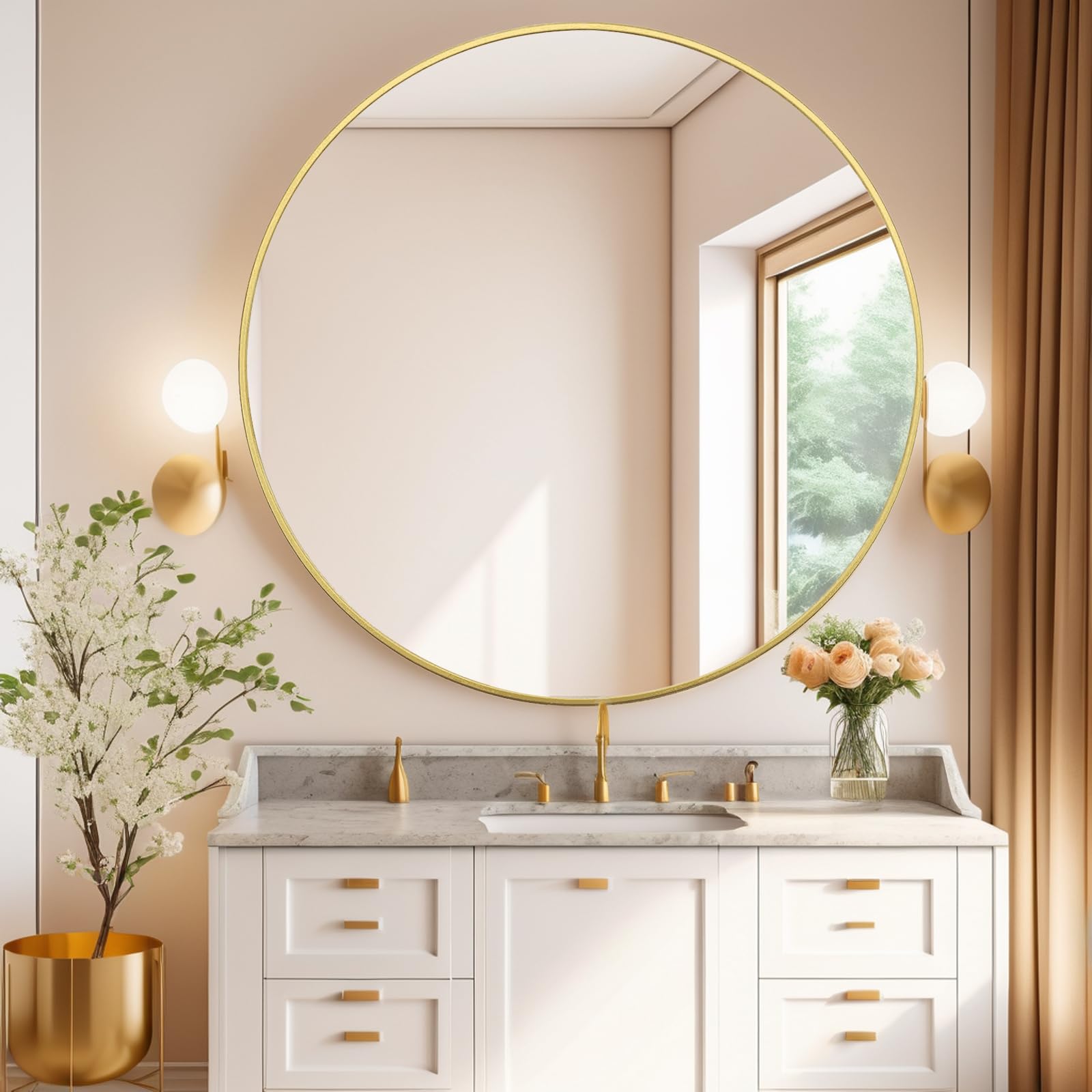 42 Inch Large Round Mirror Gold - Metal Framed Wall Mirror for Bathroom, Bedroom & Living Room | Modern Oversized Circle Vanity Mirror with Rust-Resistant Frame | Perfect for Over Sink, Entryway Decor & Full-Length Dressing Use