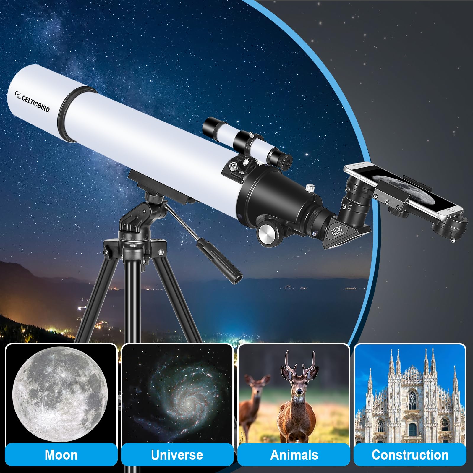 High Power 80mm Aperture 900mm Refractor Telescope for Adults & Astronomy Beginners - Portable Travel Telescope with AZ Mount, Carry Bag & Phone Adapter - Perfect for Stargazing, Bird Watching & Outdoor Adventures