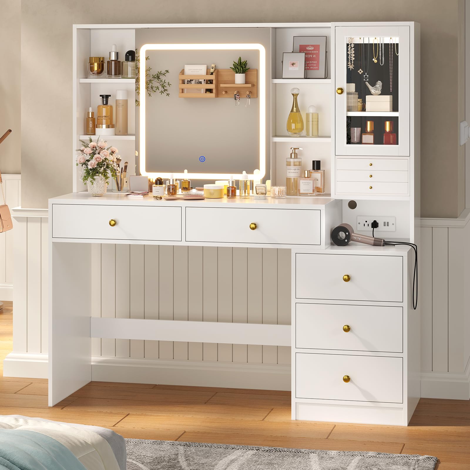 Modern White Makeup Vanity with LED Lights & Sliding Mirror - Vanity Desk with Jewelry Organizer, Glass Cabinet & 5 Drawers - Perfect for Bedroom, Dressing Room & Beauty Salon