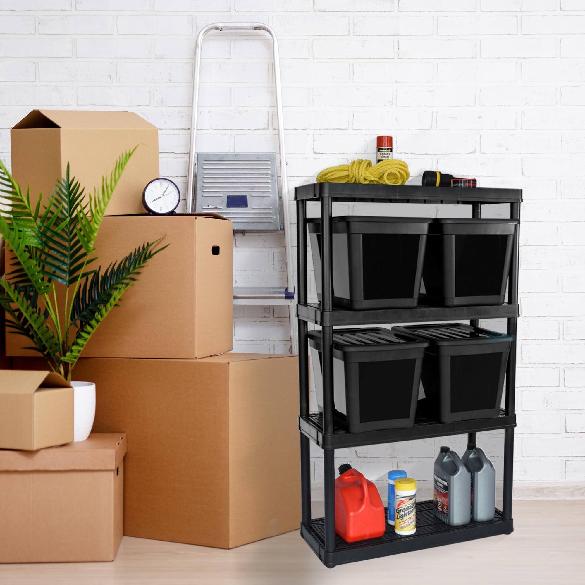 Gracious Living 4-Shelf Black Ventilated Storage Shelving Unit with 10-Gallon Bins & Lids - Medium Duty Organizer System for Garage, Closet & Home Organization