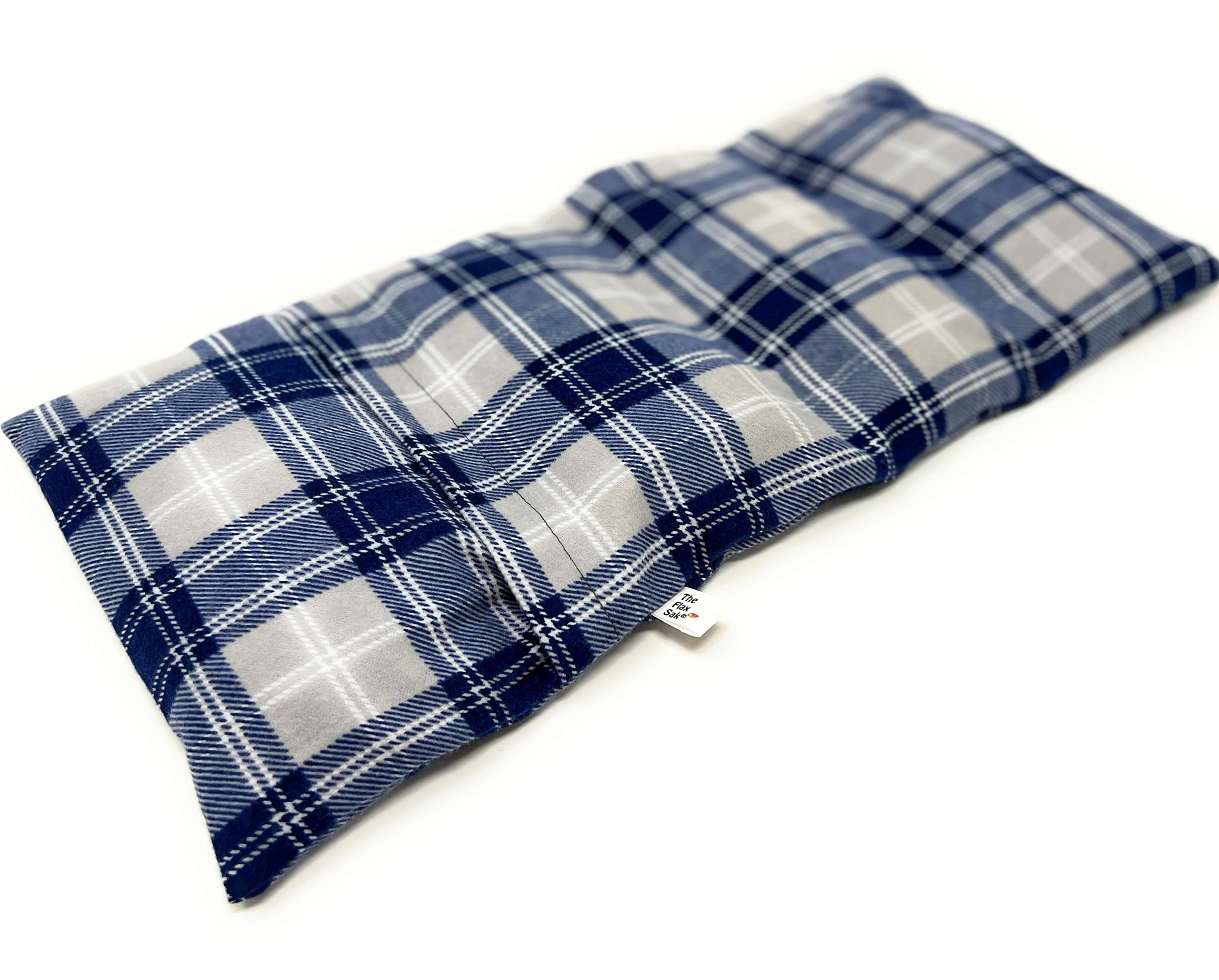 Organic Reusable Unscented Flax Seed Heating Pad - Large Hot & Cold Therapy Pack for Back Pain, Cramps, Neck & Shoulder Relief - Microwaveable, Blue Grey Plaid Design - Perfect for Home, Office & Travel Use