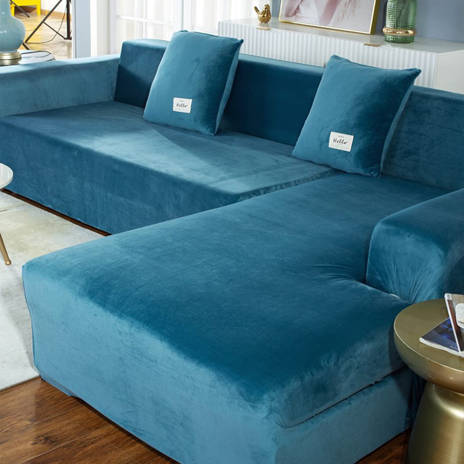Velvet Elastic Plush Sofa Covers - L-Shaped Sectional Couch Slipcover with Corner Protectors (145x185cm) for Living Room Furniture Protection | Perfect for Home Decor & Pet-Friendly Furniture Covers