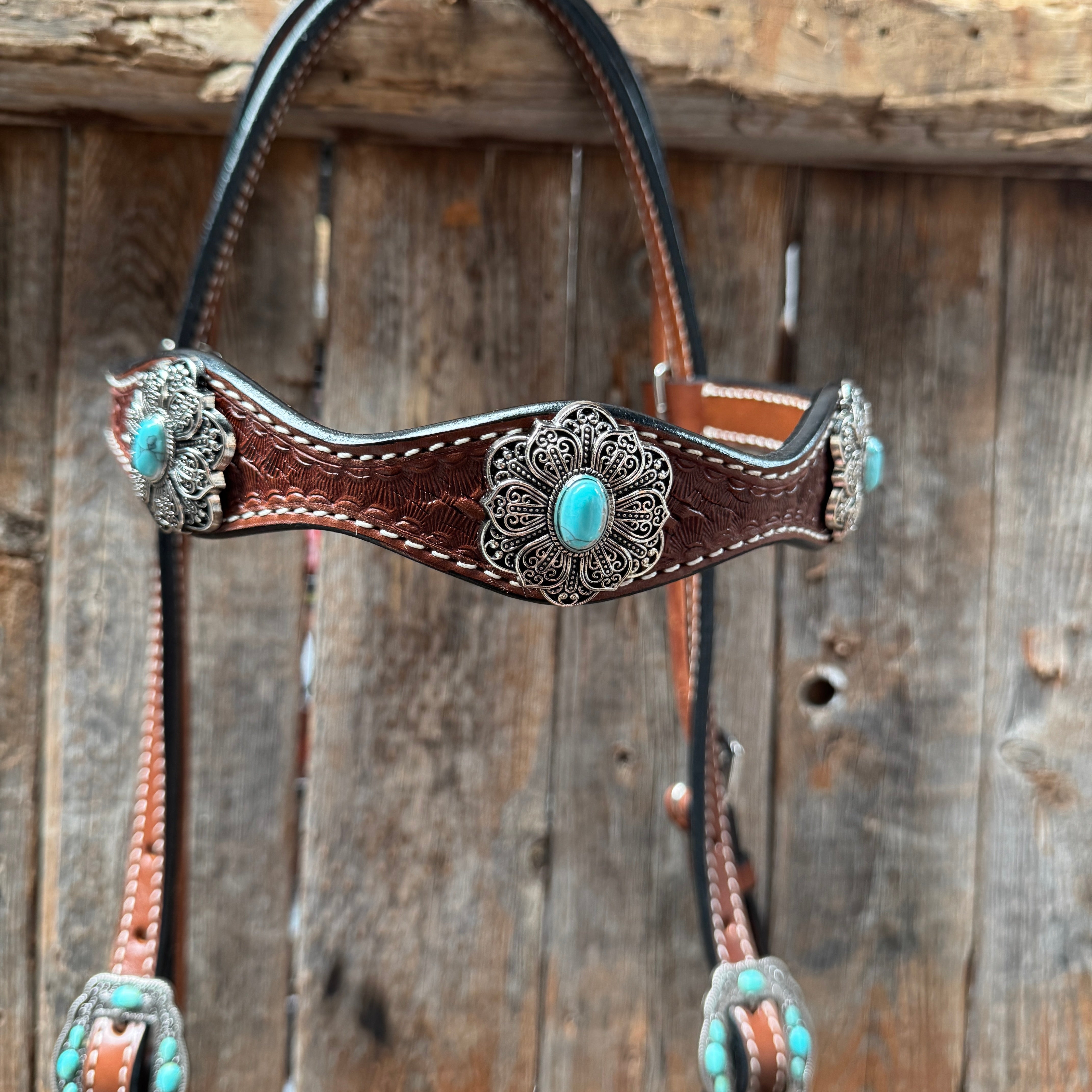 Turquoise Basketweave Browband for Horses - Medium Oil Draft Size #BB131D - Perfect for Show Jumping, Dressage & Western Riding