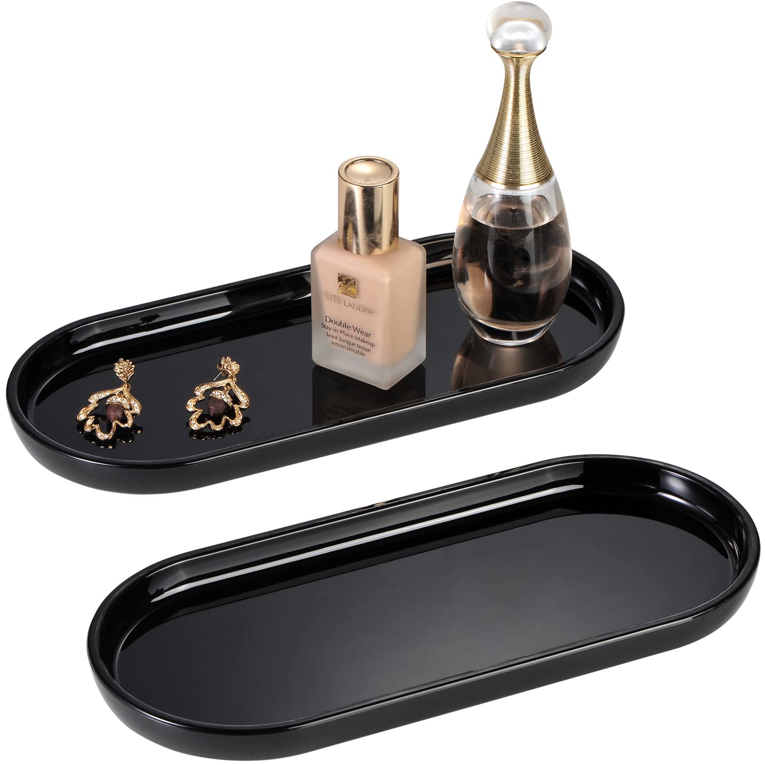 SheeChung Acrylic Vanity Tray Set - 2 Pack Bathroom Countertop Organizer for Jewelry, Makeup & Essentials | Durable Storage Tray for Sink, Cabinet, Vanity & Closet Organization (Black) - Perfect for Home, Hotel & Spa Decor