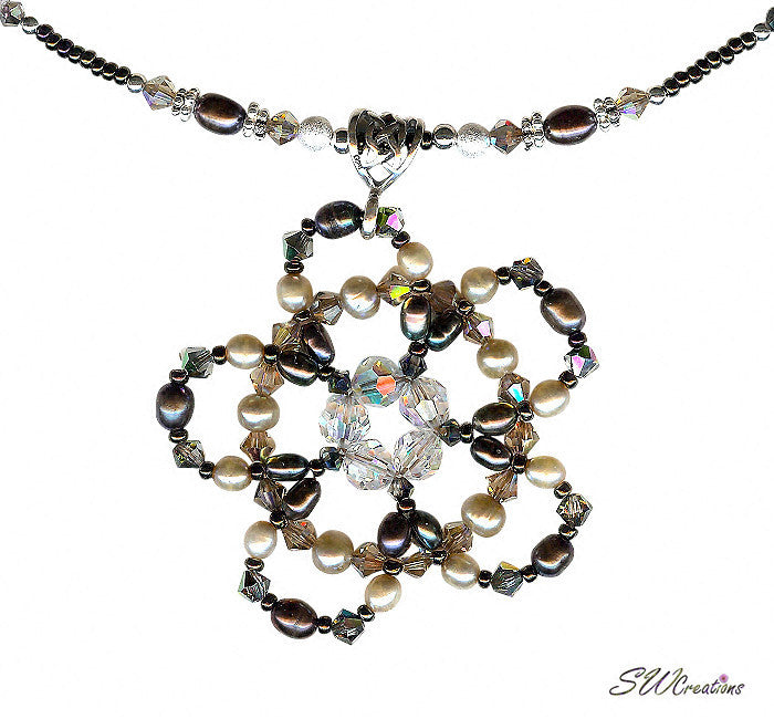 Hazelnut Coffee Floral Crystal Pearl Beaded Necklace - Elegant Handmade Jewelry for Women, Boho Chic Accessory for Parties, Weddings & Everyday Wear