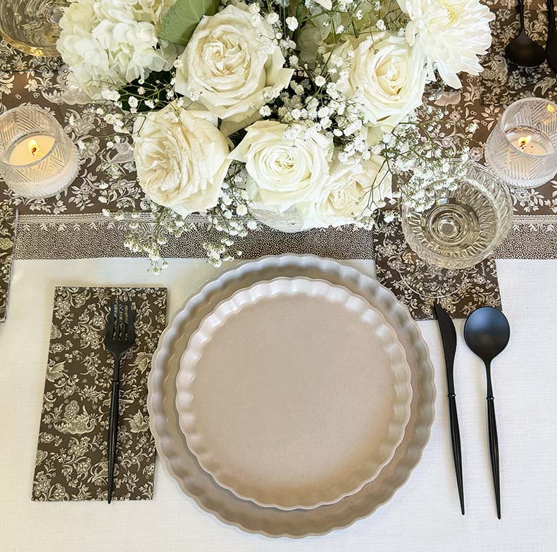 Elegant Royal Peacock Table Setting - Brown Dinnerware Set for Formal Dining, Wedding, and Special Occasions