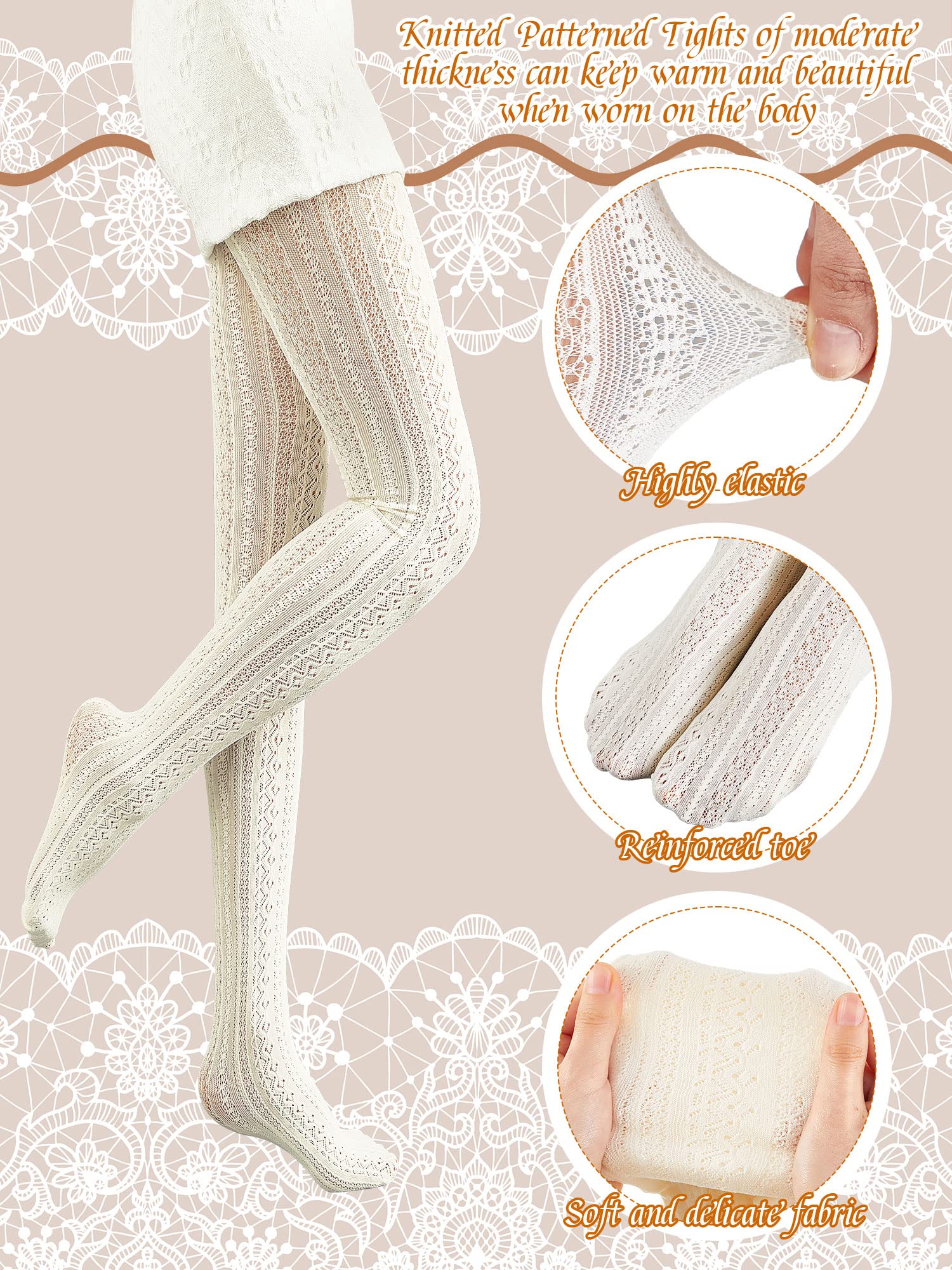 Jiuguva 2-Pack Hollow Out Knitted Pattern Tights for Women - Vertical Striped Cable Knit White Lace Pantyhose & Fishnet Stockings, One Size - Perfect for Parties, Cosplay and Winter Fashion