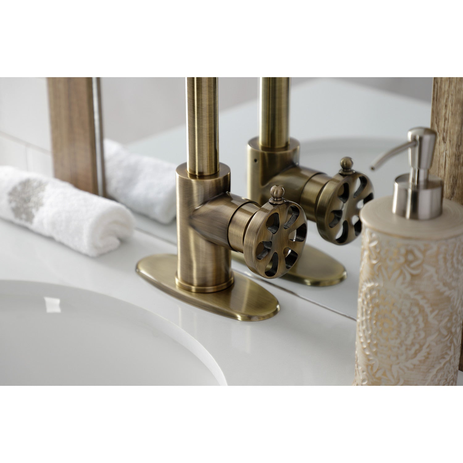 Belknap KSD144RXAB Single Handle 1 Hole Bathroom Sink Faucet with Deck Plate & Push Pop-Up Drain - Antique Brass Finish for Bathroom Vanity or Powder Room